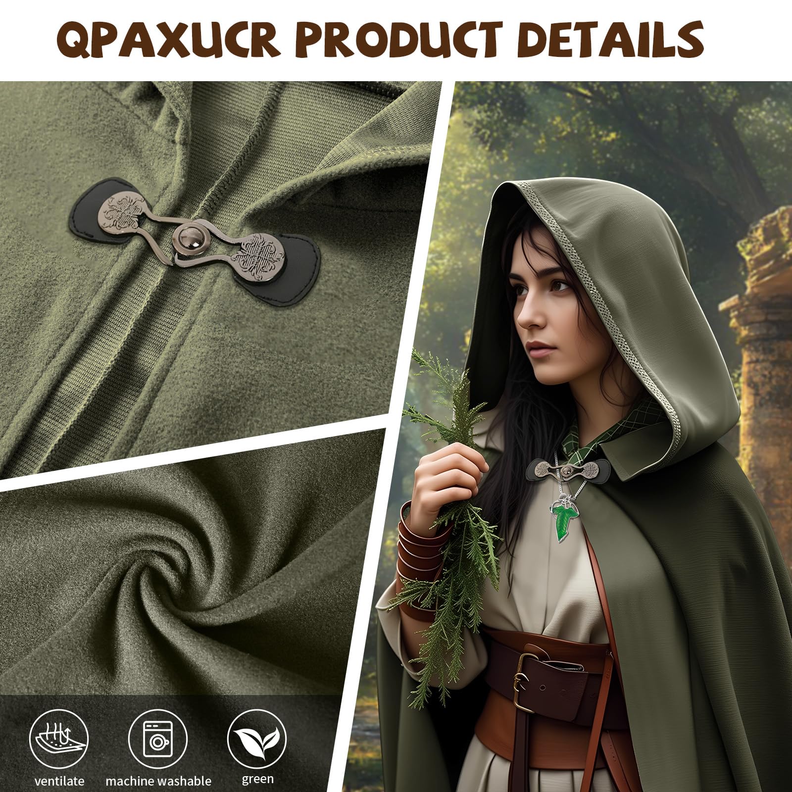 Green Hooded Medieval Cloak – Elf-Inspired Cape with Leaf Brooch & Toggle Closure for Halloween & Cosplay 🍃🧝‍♂️