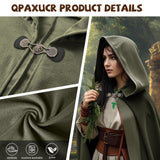 Green Hooded Medieval Cloak – Elf-Inspired Cape with Leaf Brooch & Toggle Closure for Halloween & Cosplay 🍃🧝‍♂️