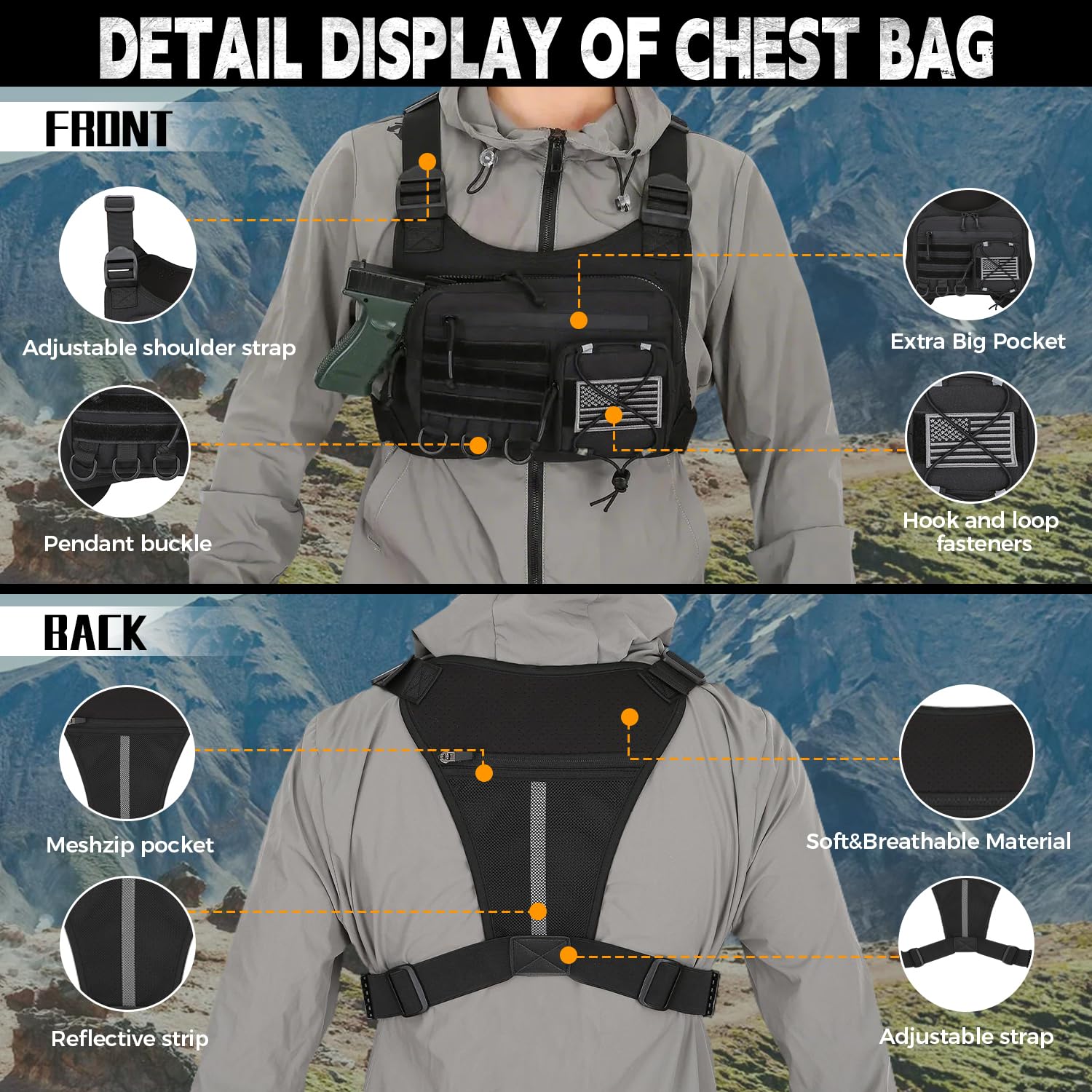 Koculemi Concealed Tactical Chest Bag for Men with Holster – Anti-Theft EDC Chest Pack for Sports & Travel (Black)