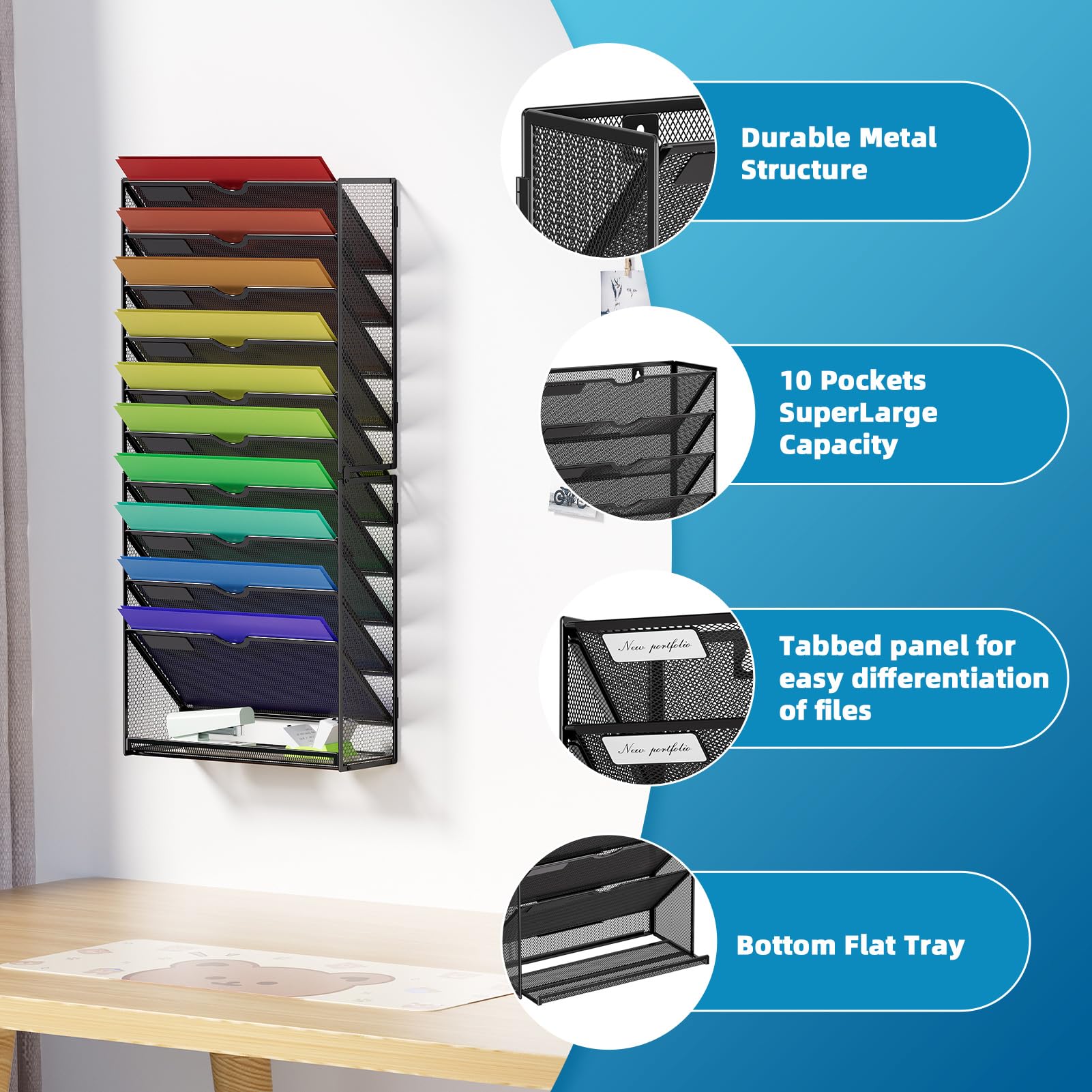 Marbrasse 11-Tier Wall File Organizer – High-Capacity Vertical Mesh Document & Magazine Holder for Office and Home (Black)
