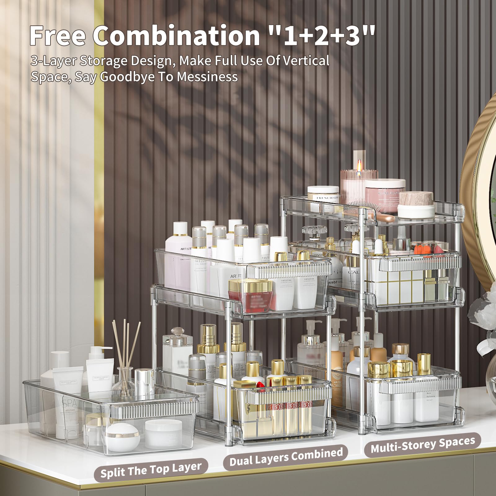 WAKISA Clear 3-Tier Pull-Out Organizer Set – Modular Acrylic Storage Drawers with Adjustable Dividers (Transparent)