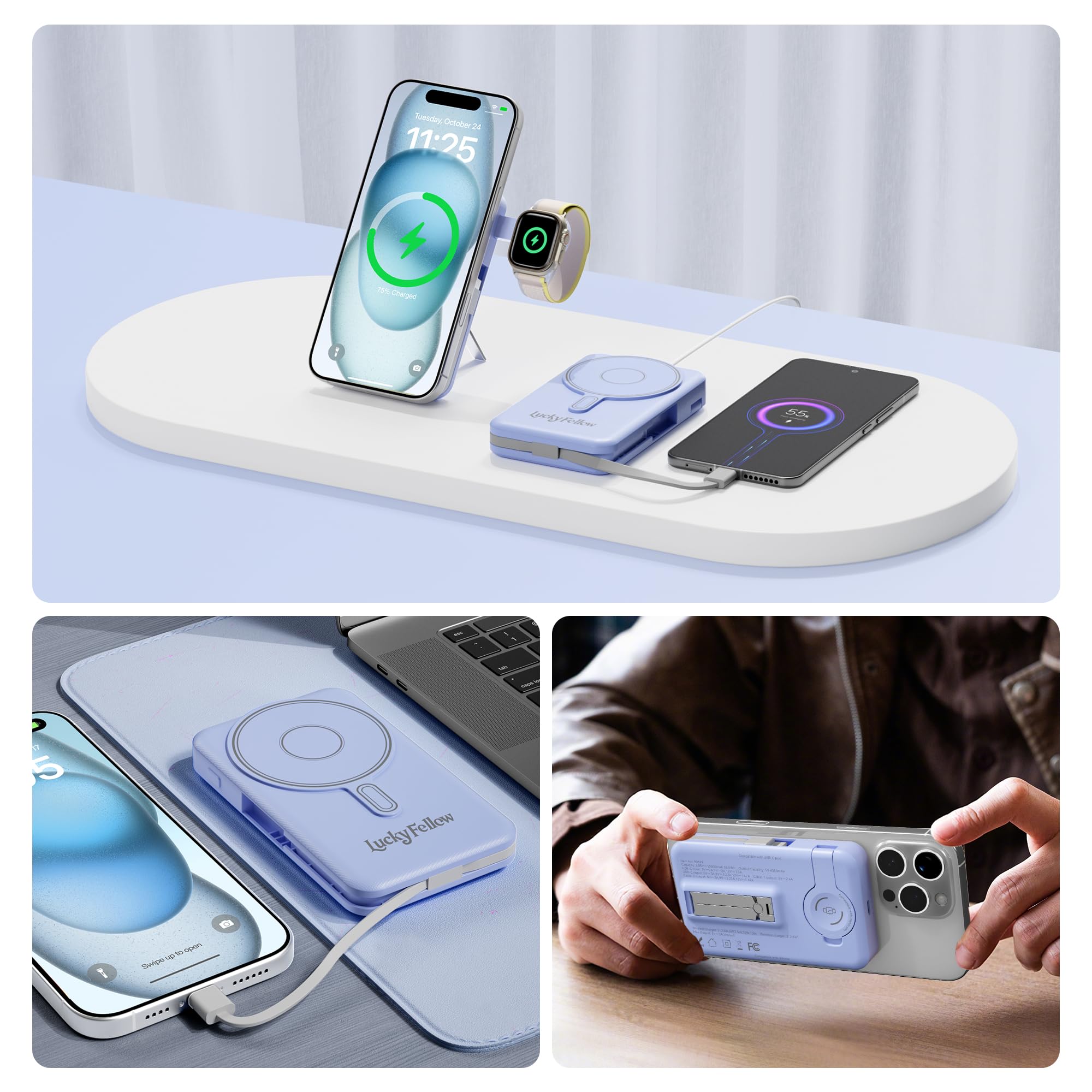 Magnetic 10,000mAh Power Bank – All-in-One Wireless Charging Station with Built-In Cables & Stand (Blue)