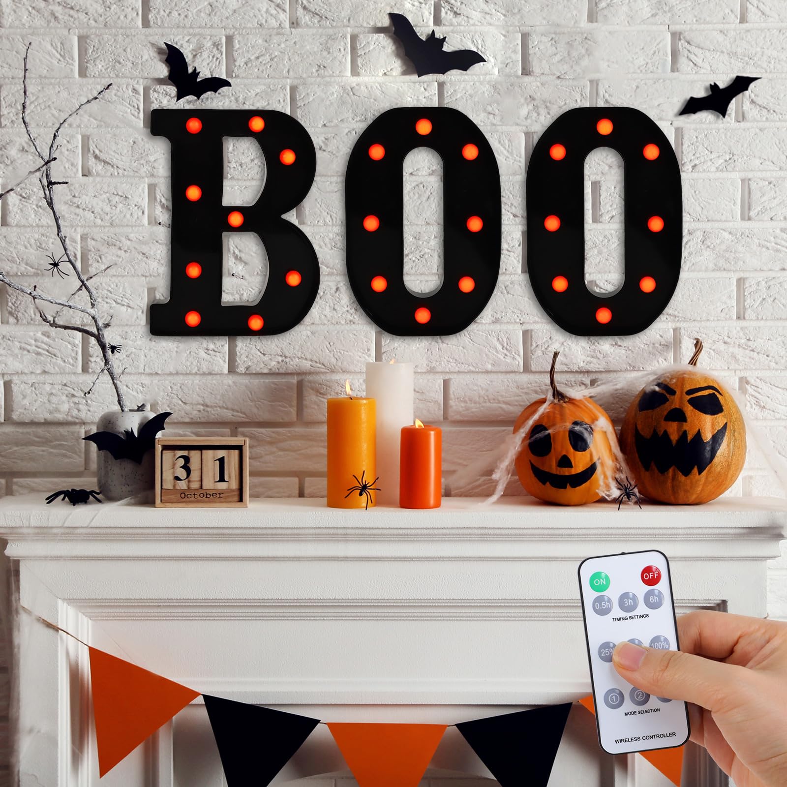 Light-Up “BOO” Marquee Letters – Orange LED Halloween Sign for Indoor Decor (Cordless, Timer, Flicker Mode)
