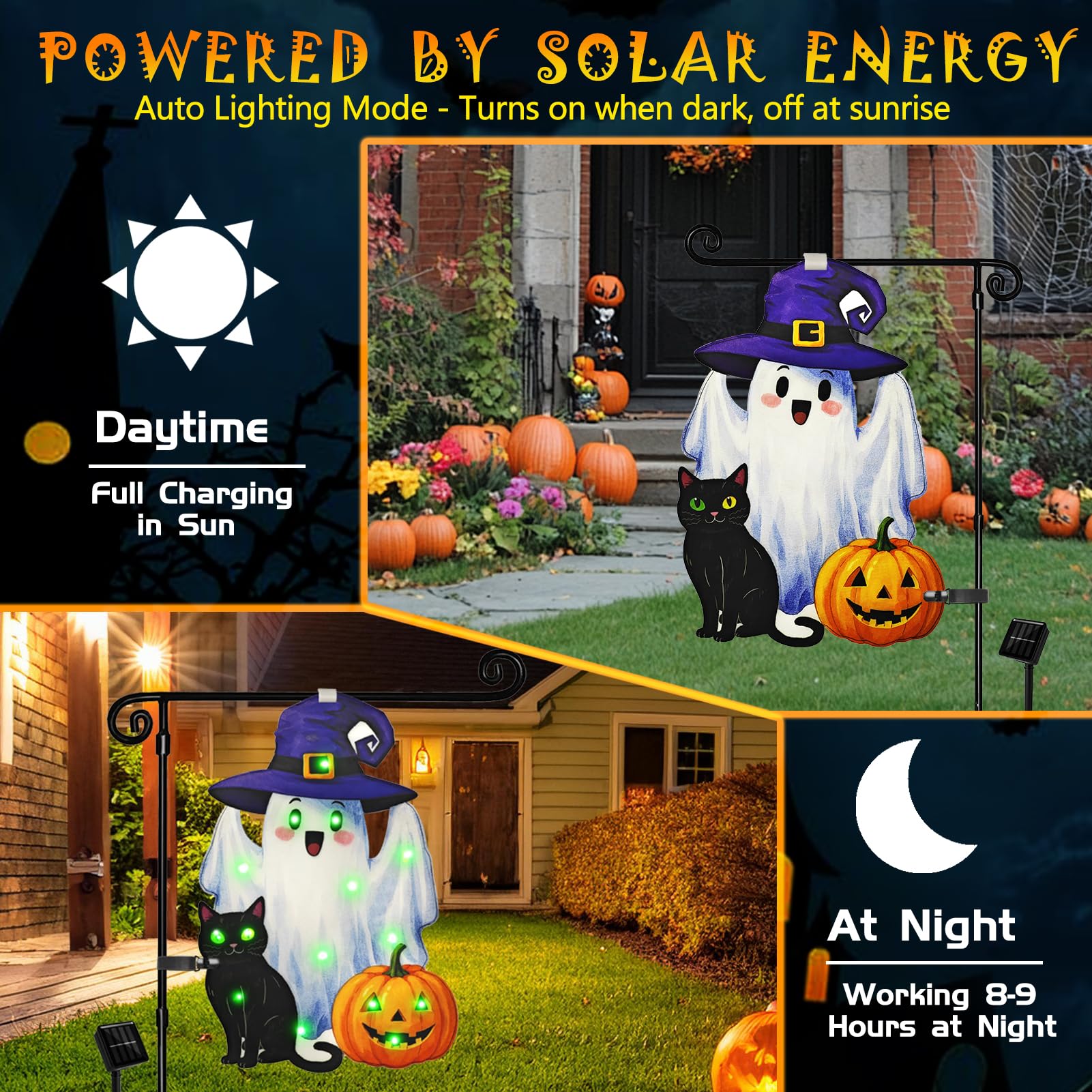 Solar Lighted Halloween Garden Flag – 12x18" Double-Sided Ghost Design in Green with 8 LED Lighting Modes