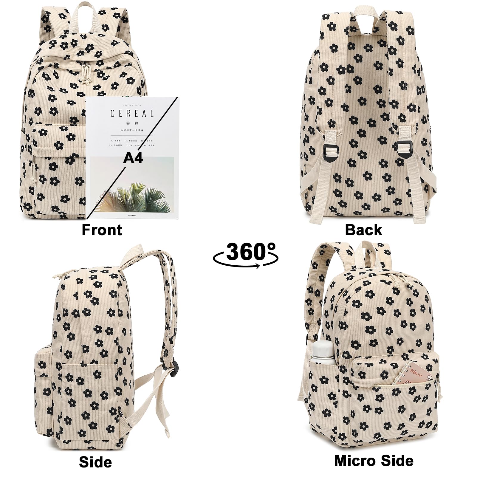 Bluboon Teen Girls School Backpack with Laptop Compartment, Corduroy Floral Design, Lightweight Daily Bookbag