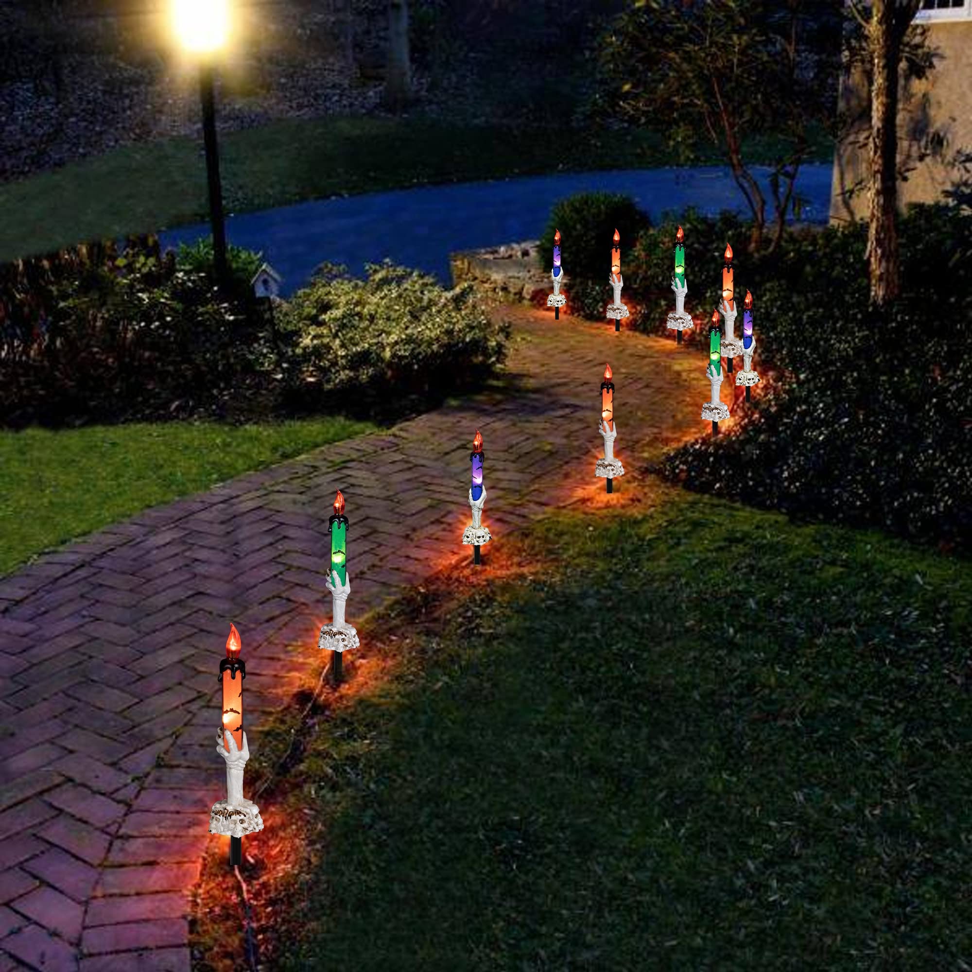 Halloween Skull Candle Light Stakes – 5-Piece LED Yard Decoration Set in Orange, Purple & Green with Timer Function
