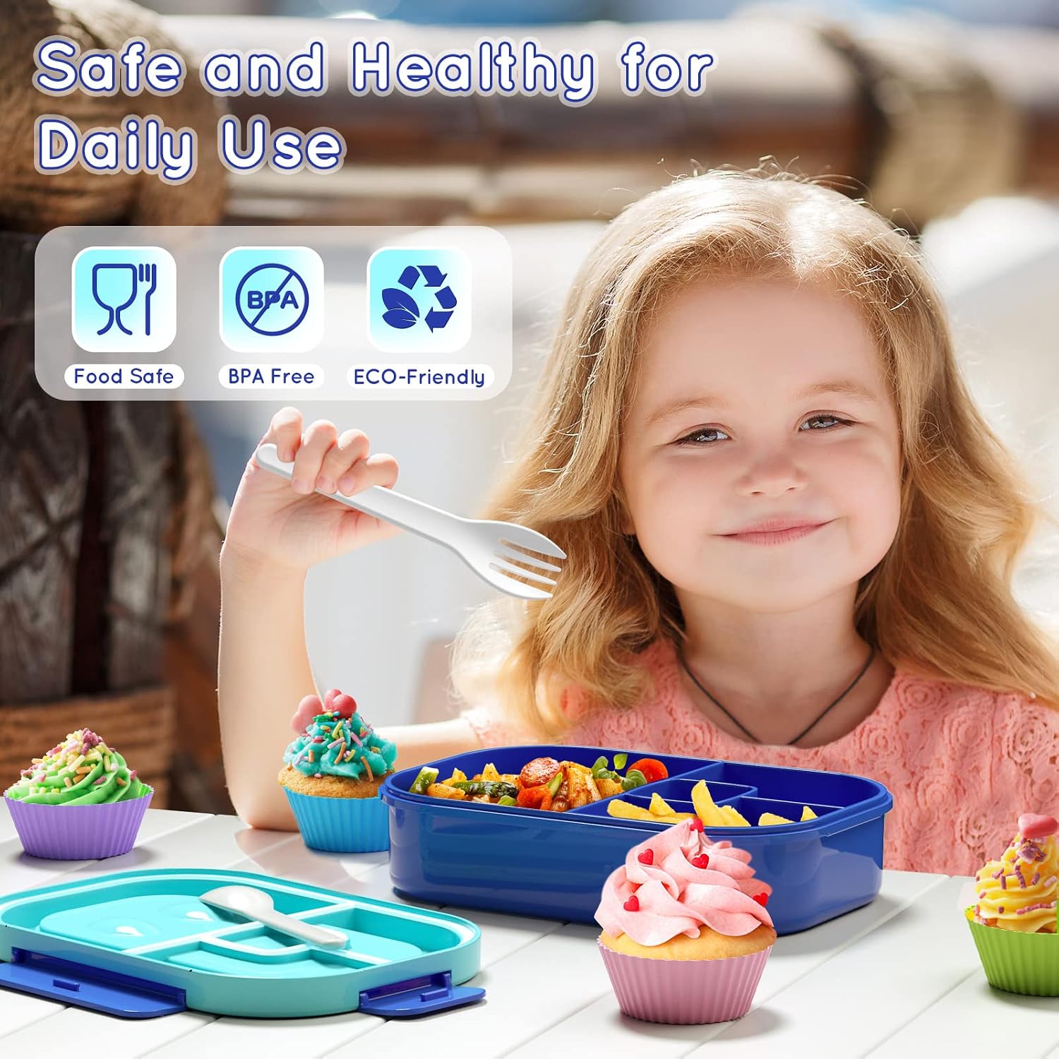 Blue 44 oz Kids Bento Box with Utensils and Food Picks