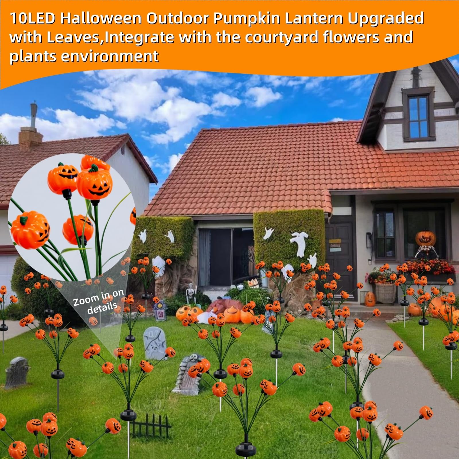 3D Solar Pumpkin Firefly Lights – 2 Pack 20 LEDs Double-Sided Halloween Outdoor Lights with Green Leaves, IP65 Waterproof (Orange)