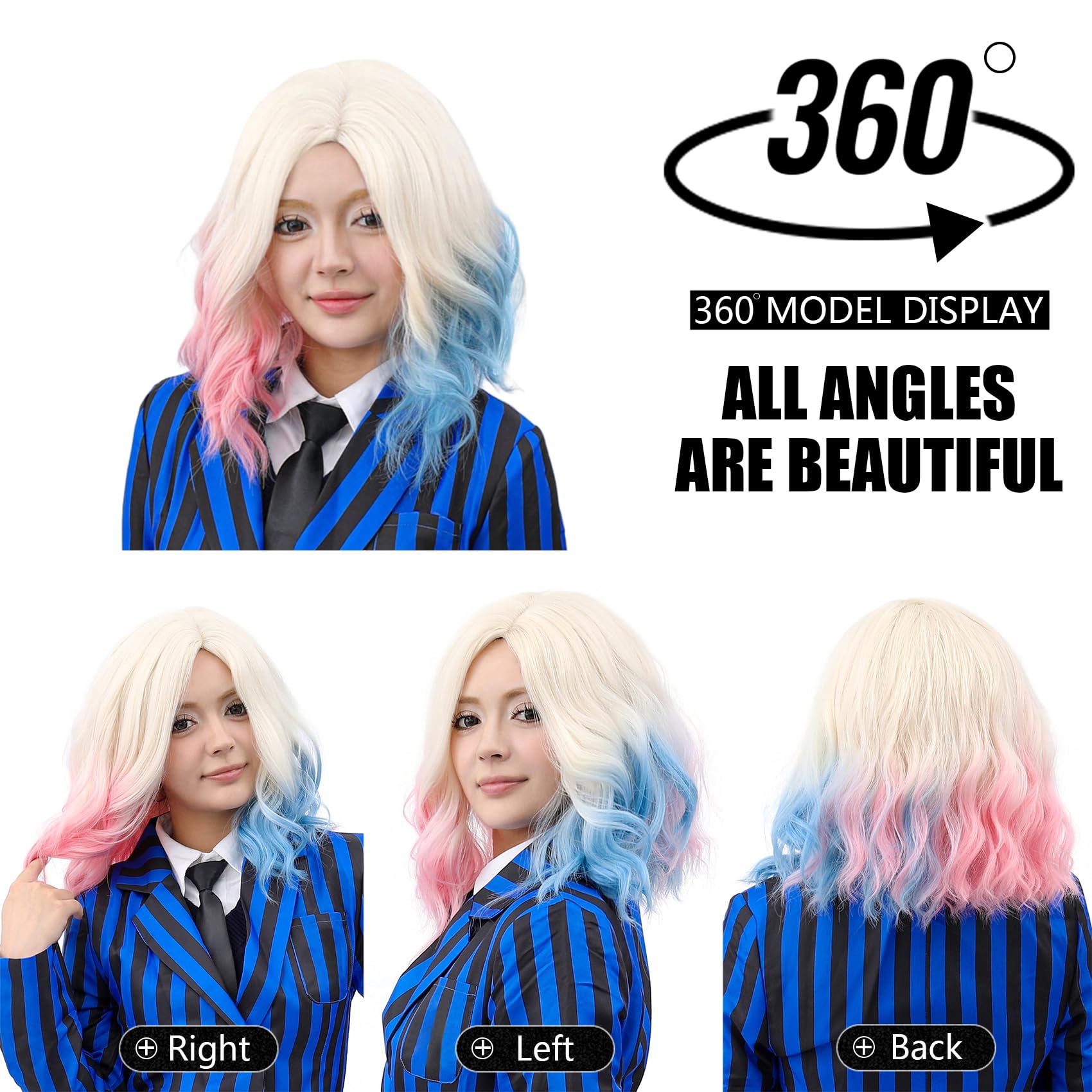 Enid Sinclair Inspired Wig – Short Pink & Blue Wavy Cosplay Hair for Women (Color: Enid-3)