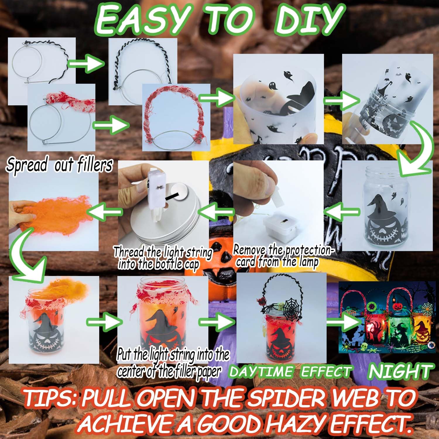 Halloween DIY Lantern Jar Craft Kit – 4 Mason Jars with Multicolor LED Lights & Spooky Silhouettes (Pumpkin, Witch, Cemetery, Ghost)
