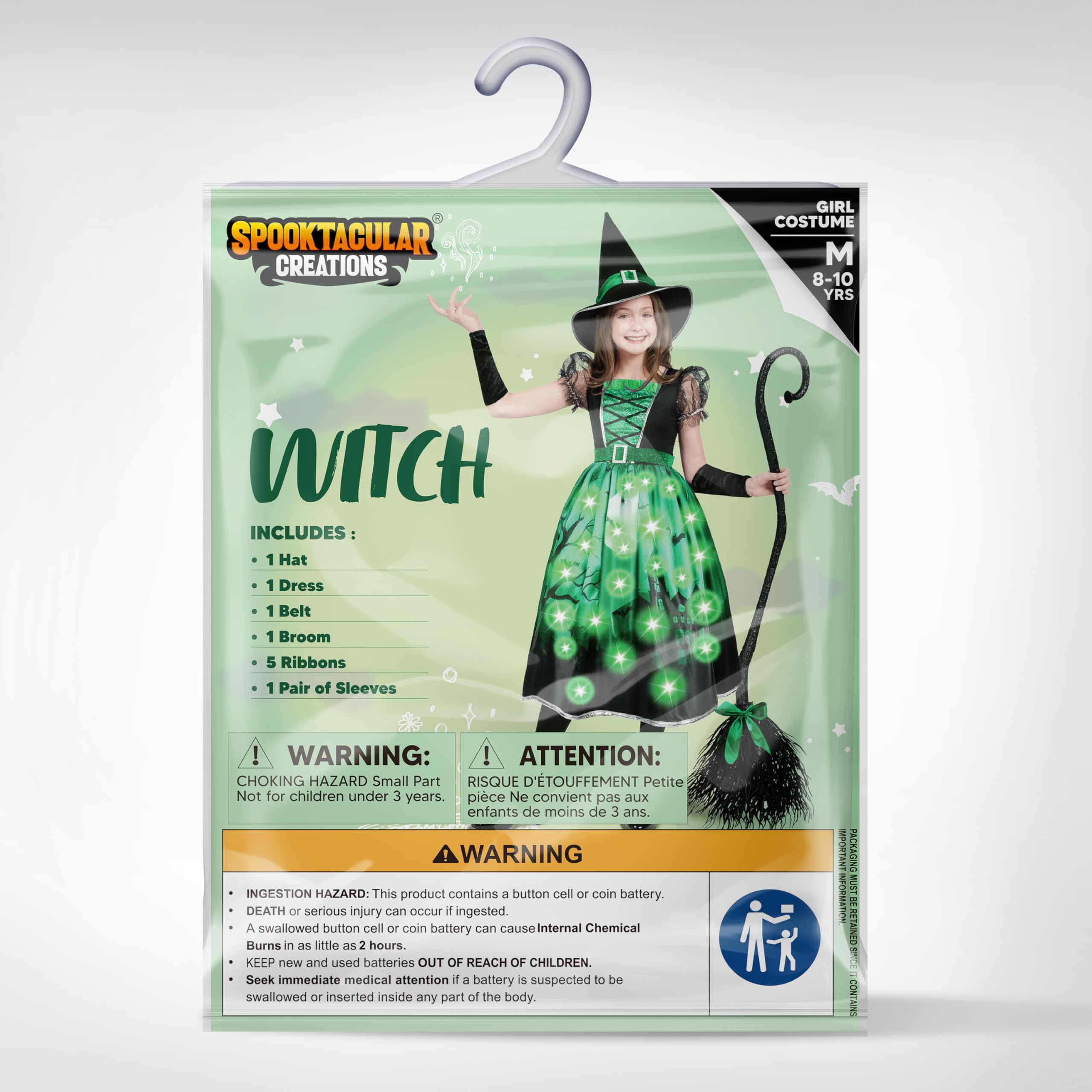Green Light-Up Witch Costume for Girls – LED Halloween Dress Set with Hat, Broom & Accessories