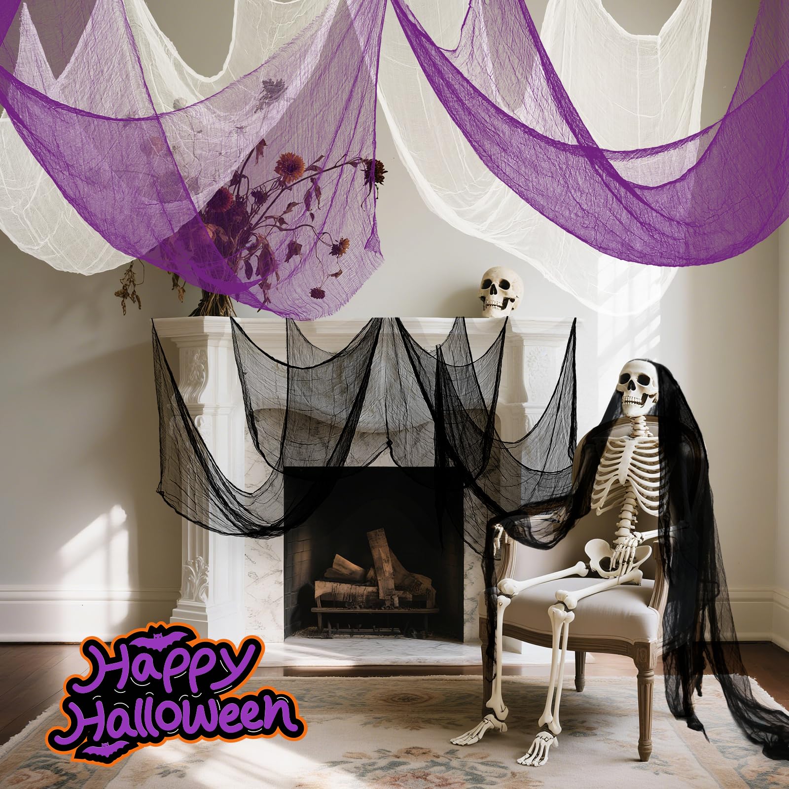 Halloween Creepy Cloth Set – 8 Pack Stretchable Gauze Fabric in Black, White & Purple for DIY Haunted Decorations (30x70 Inches Each)