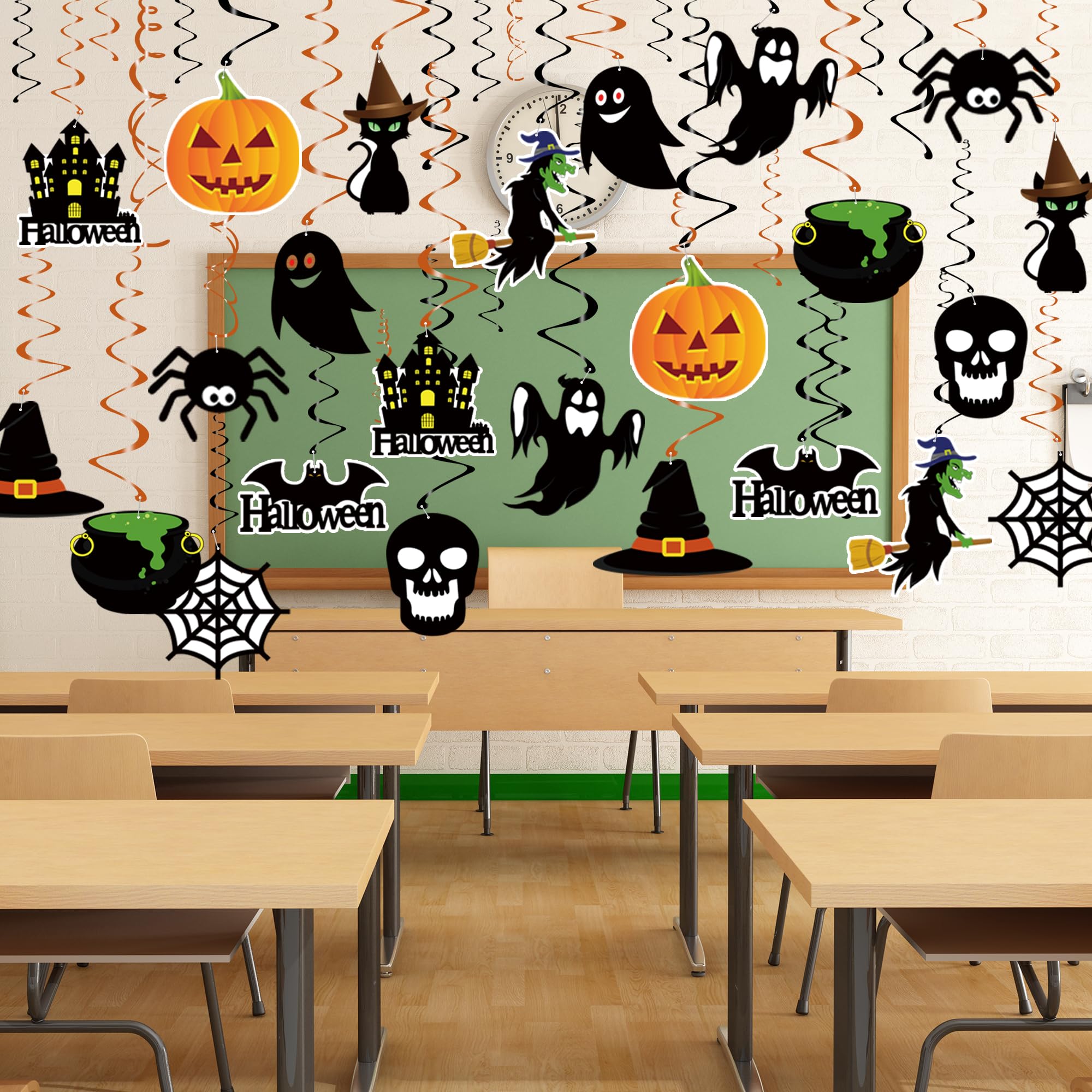 Halloween Hanging Swirl Decorations – 36 Pack Pre-Assembled Ceiling & Wall Party Décor with Bats, Ghosts, Skulls & Pumpkins (Black)