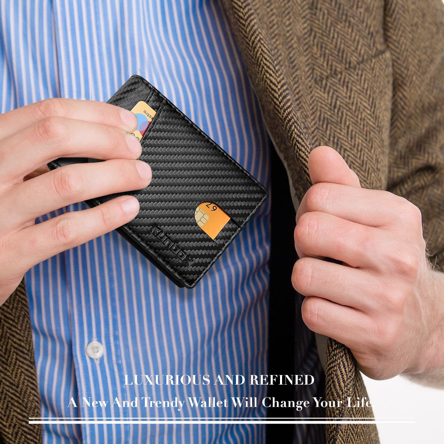 Slim RFID Blocking Leather Wallet for Men with 15 Card Slots & Dual ID Window – Minimalist Bifold Pocket Wallet Carbon Black