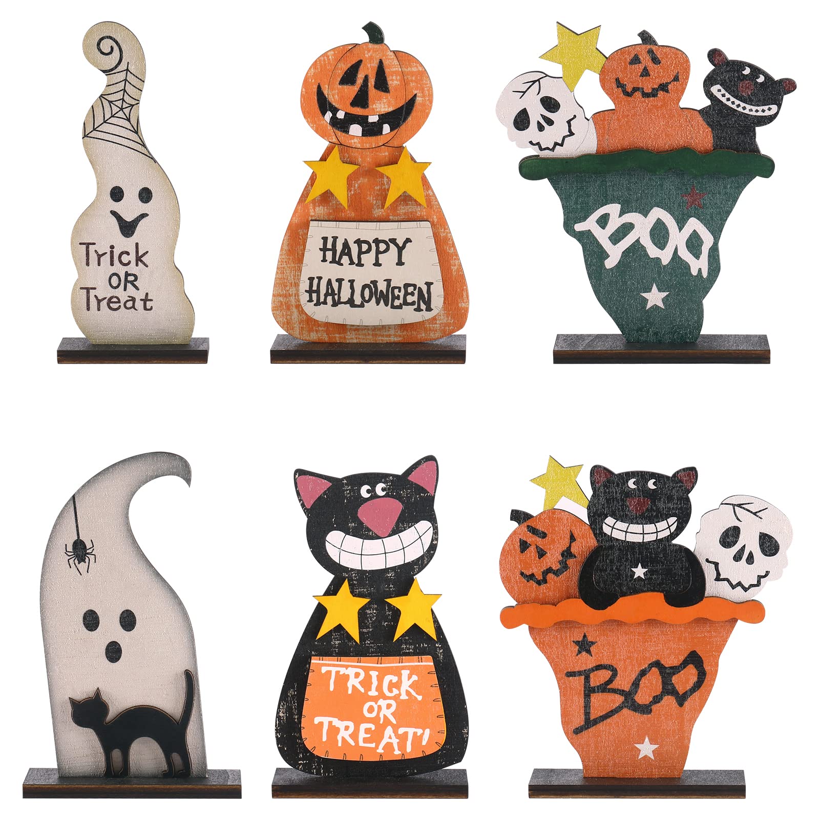 Wooden Halloween Table Decorations Set – Ghost, Black Cat, Pumpkin Monster & Skull Figurines (Multicolor, 4-Piece Set)