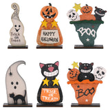 Wooden Halloween Table Decorations Set – Ghost, Black Cat, Pumpkin Monster & Skull Figurines (Multicolor, 4-Piece Set)