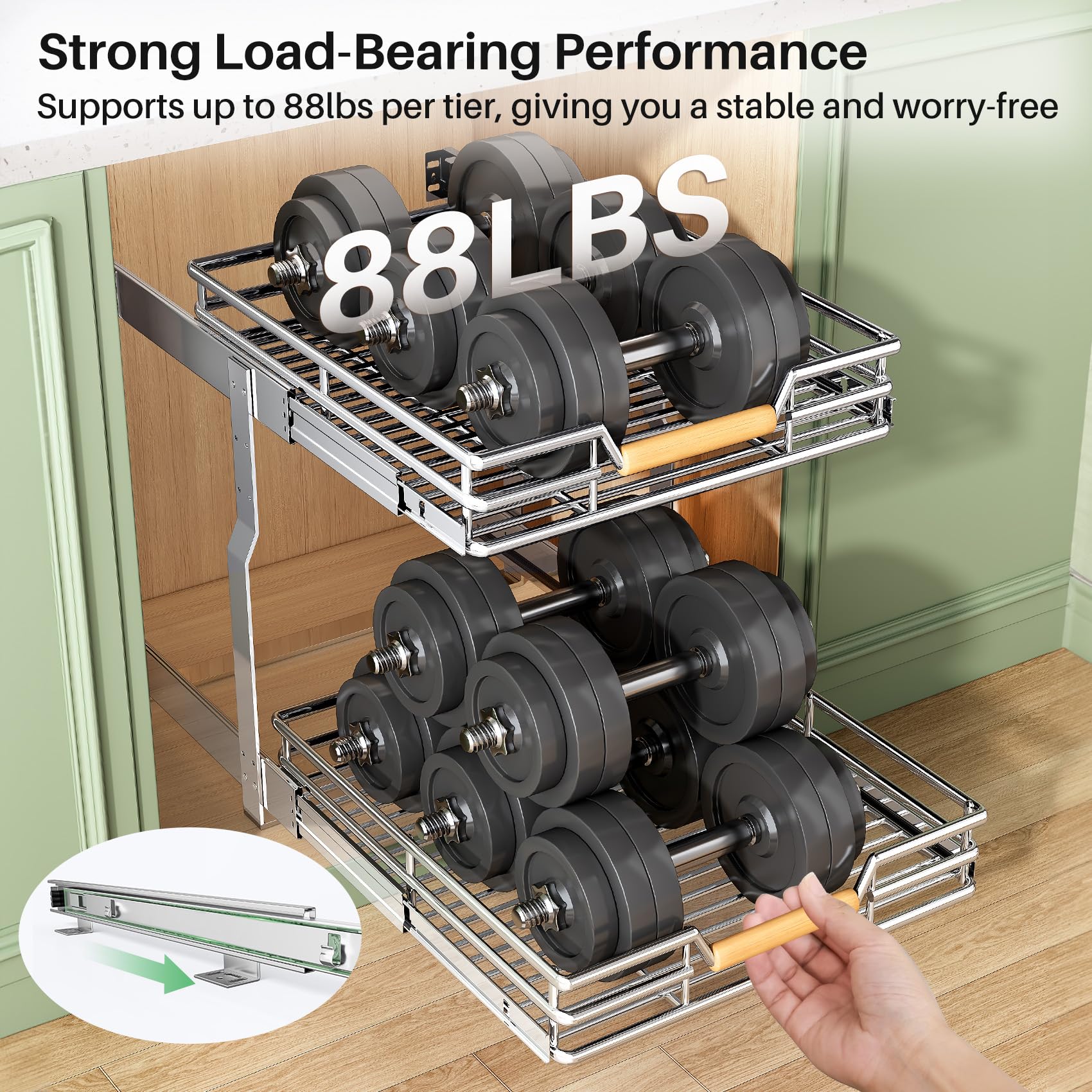 2-Tier Pull-Out Cabinet Organizer – Full-Extension Chrome Slide-Out Shelves with Wooden Handle
