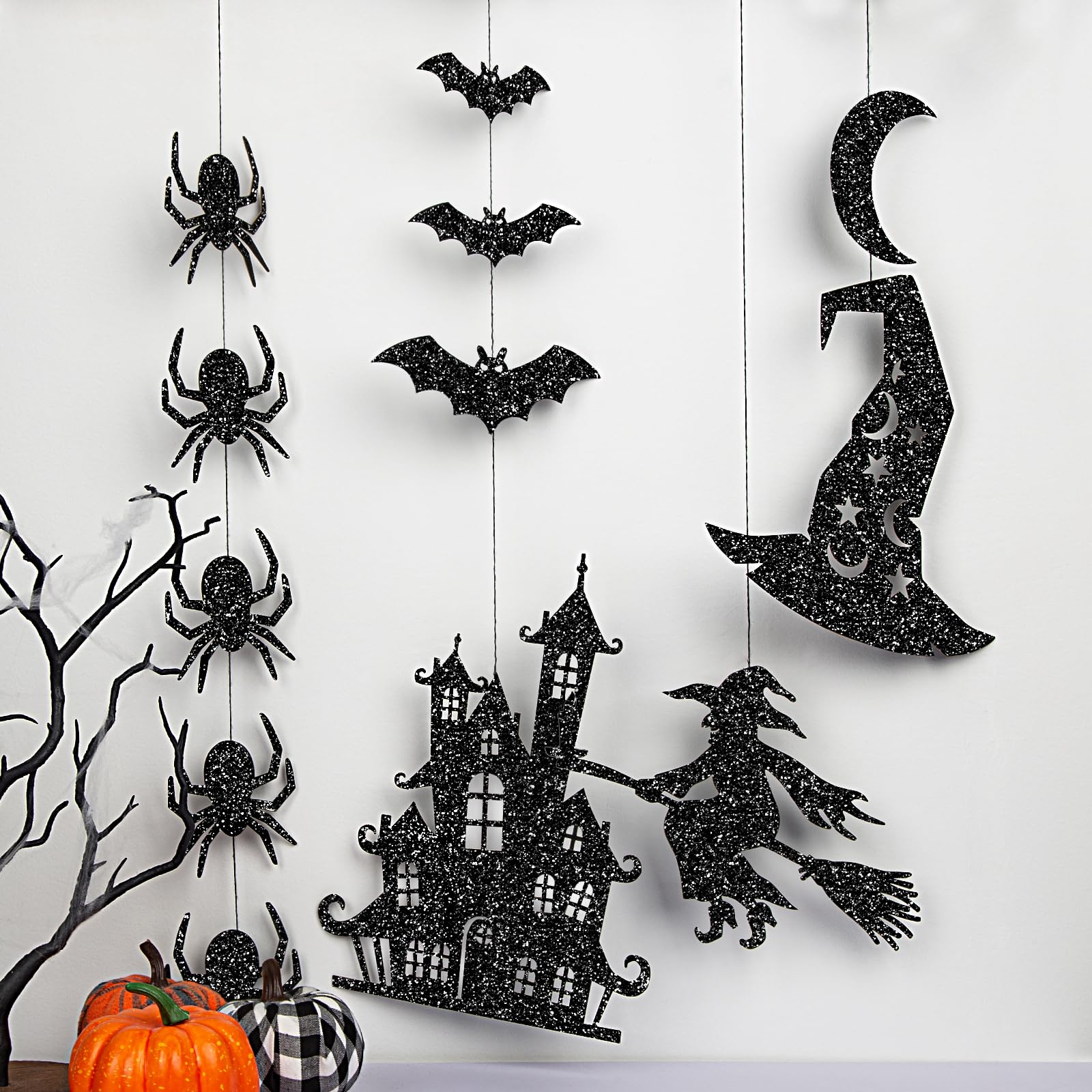 7PCS Glitter Black Halloween Garlands – Pre-Strung Hanging Decorations with Spiders, Bats & Witches