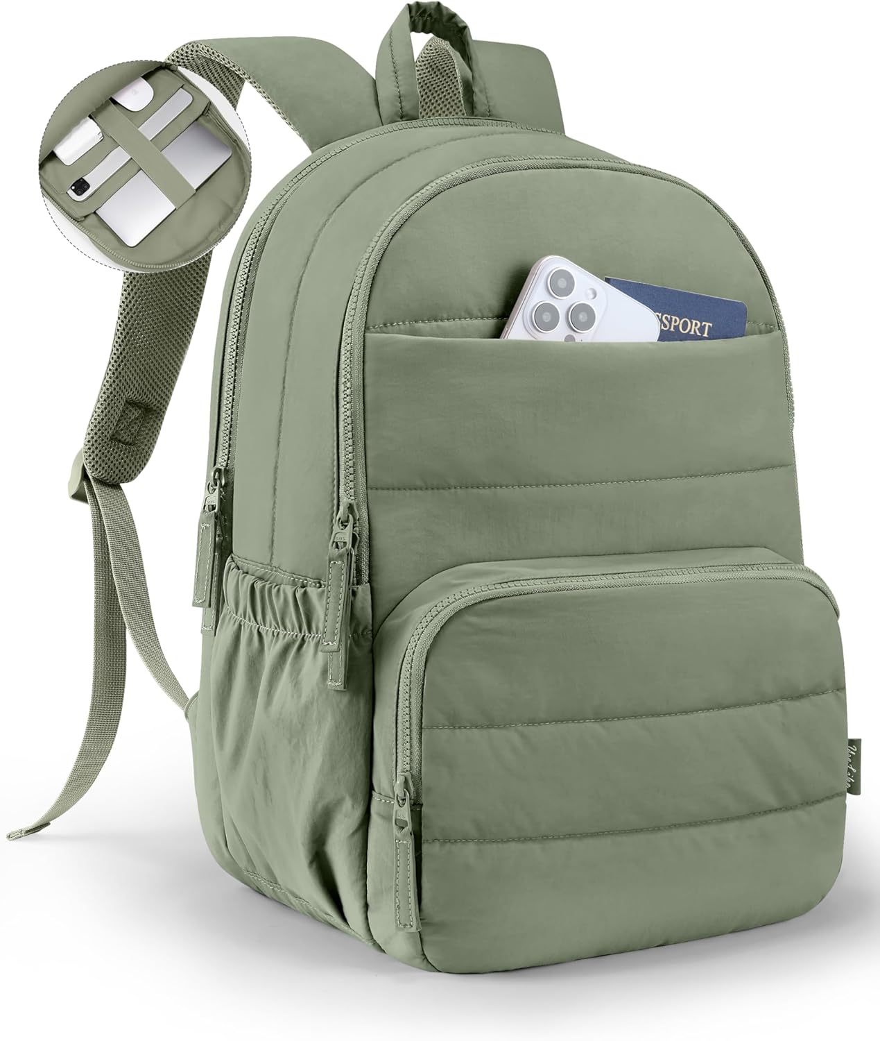 Sage Green Quilted School Backpack with Laptop Sleeve