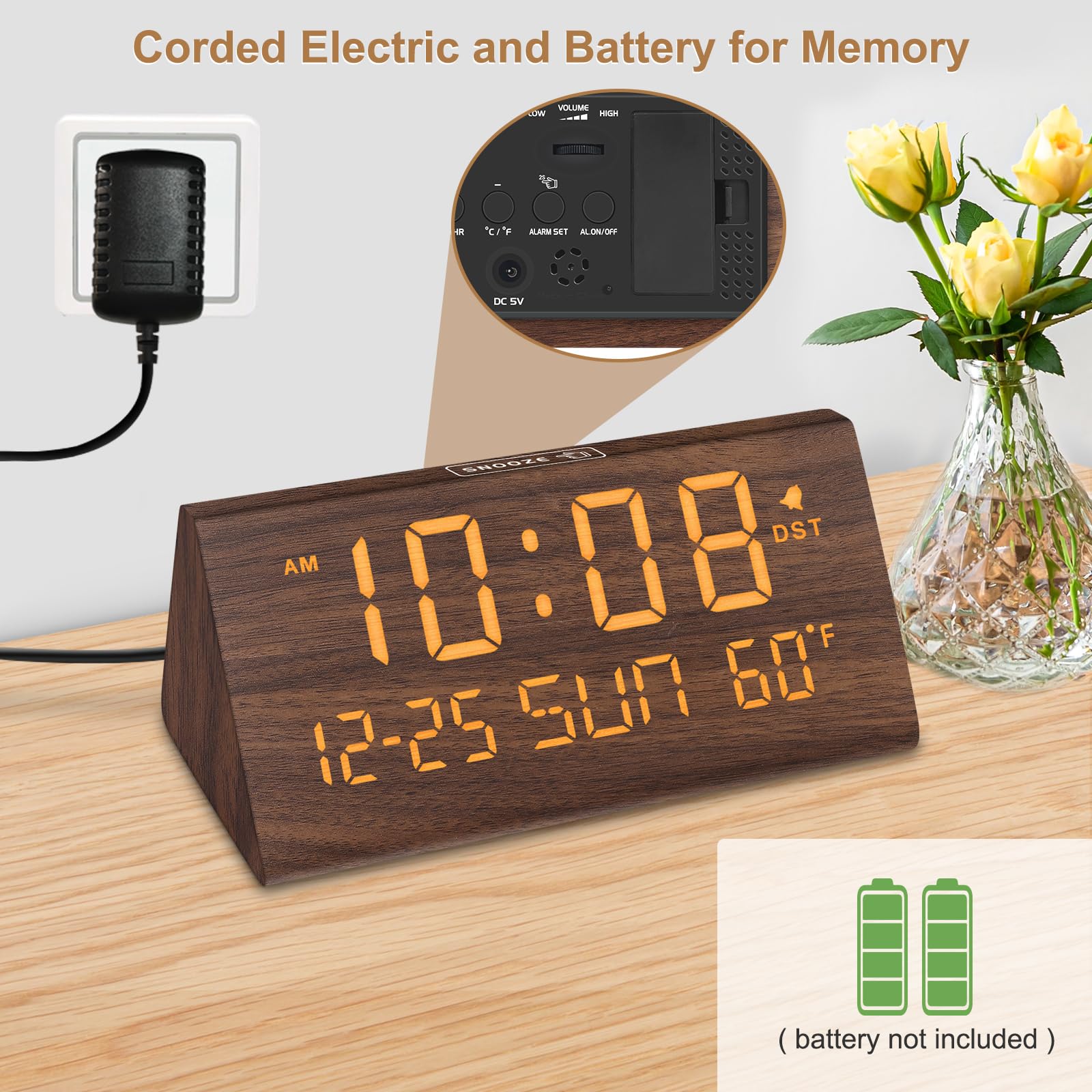 DreamSky Wooden Digital Alarm Clock with Large Display, Date & Temperature – USB Charging Bedside Desk Clock Brown