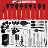 50-Piece Silicone, Stainless Steel & Wood Kitchen Utensil Set – Heat Resistant, Non-Stick Safe (Black)