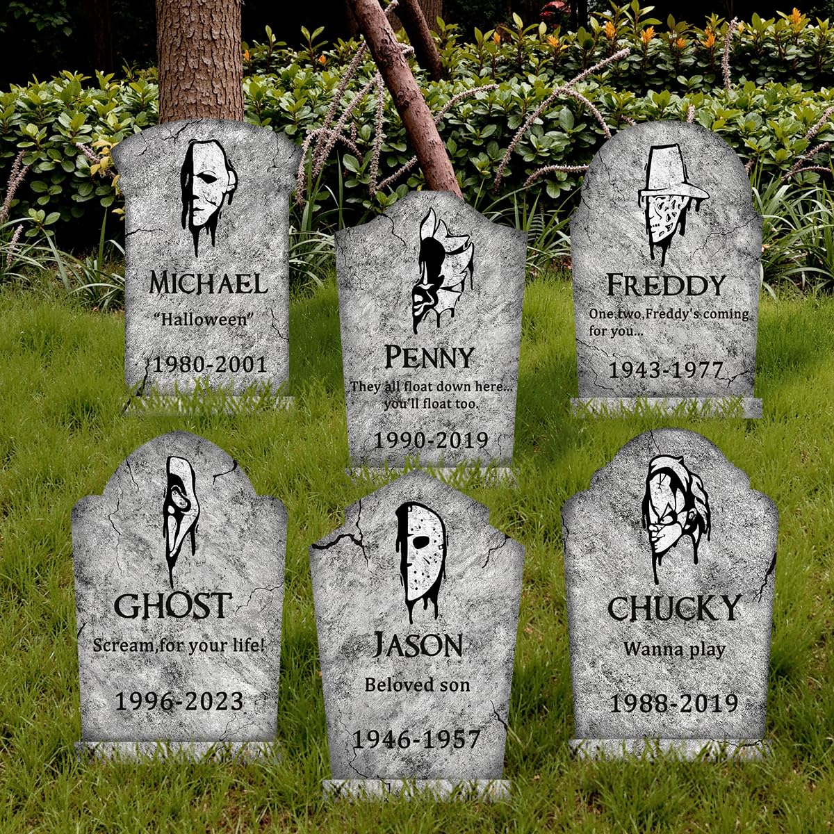 Halloween Tombstones Yard Decorations Set – 6 Stone Grey Plastic Gravestones with Stakes for Outdoor Graveyard Display