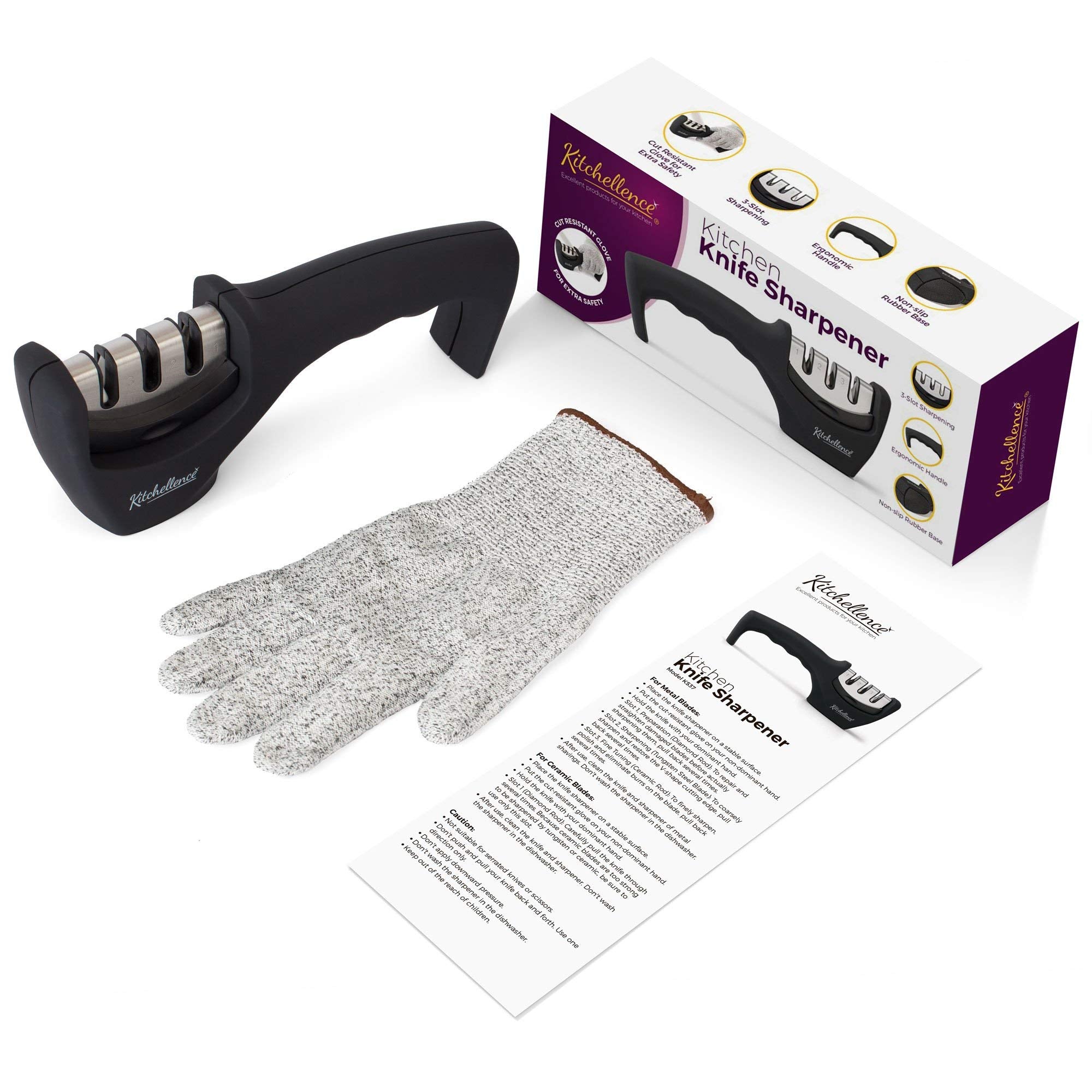 3-Stage Knife Sharpener with Safety Glove – Diamond, Sharpen & Polish System (Black)