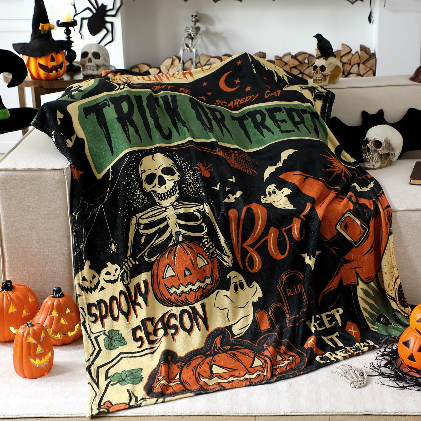 Halloween Ghost Skeleton Flannel Blanket – 50"x60" Soft Warm Throw for Couch, Bed & Travel