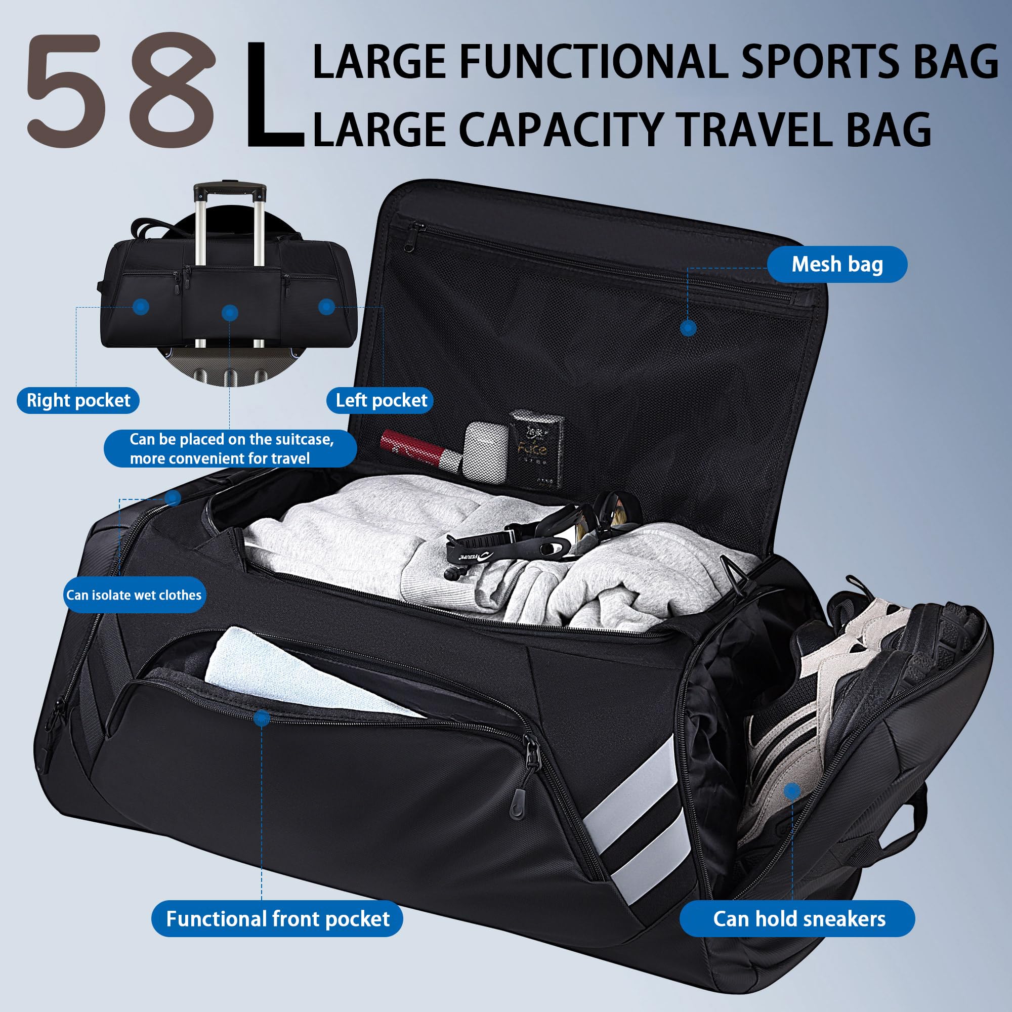 Wolfilist 58L Large Gym & Travel Duffle Bag with Shoe Compartment and Wet Pocket – Waterproof Sports Bag (Black)
