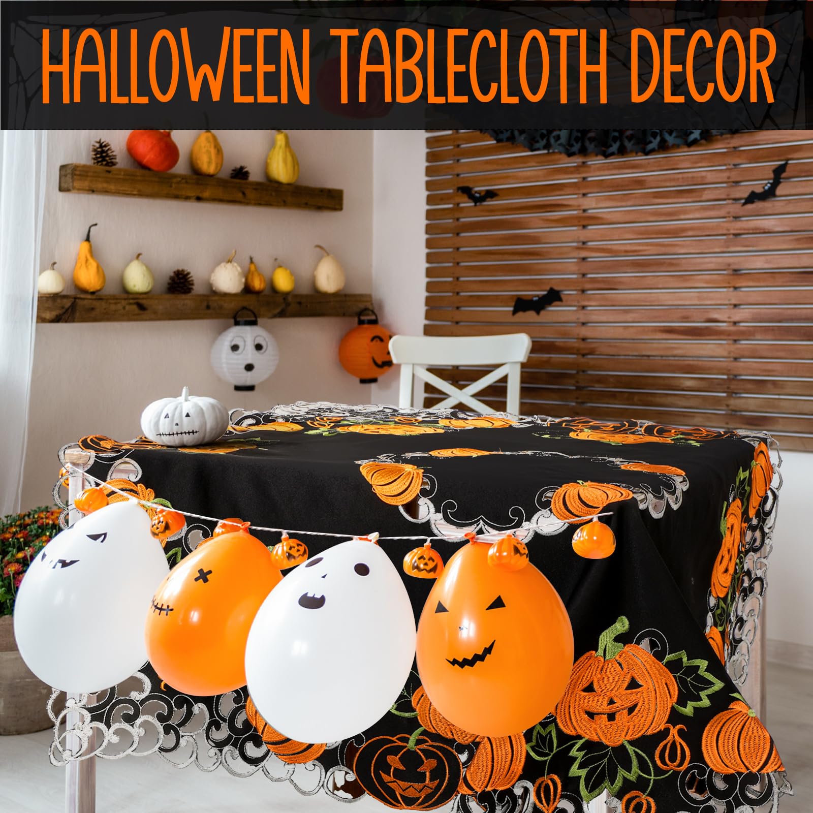 Halloween Pumpkin Embroidered Tablecloth – Square 33.8" x 33.8" Black & Orange Polyester