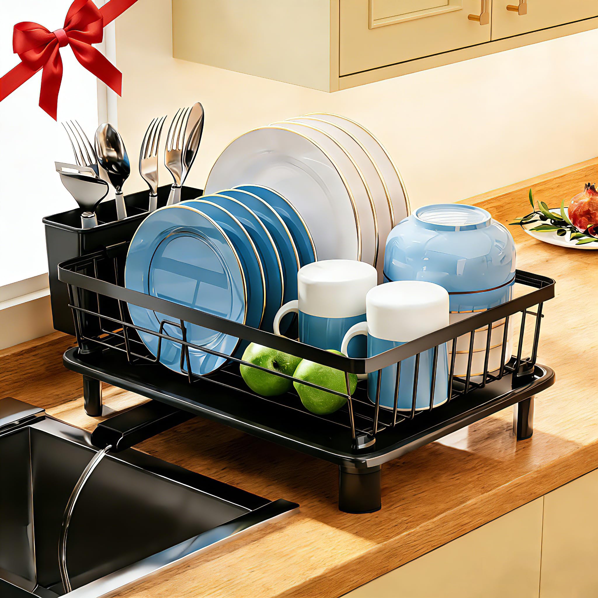 GAOKASE Stainless Steel Dish Drying Rack – Space-Saving 1-Tier Kitchen Counter Dish Drainer with Utensil Holder (Black)