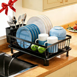 GAOKASE Stainless Steel Dish Drying Rack – Space-Saving 1-Tier Kitchen Counter Dish Drainer with Utensil Holder (Black)