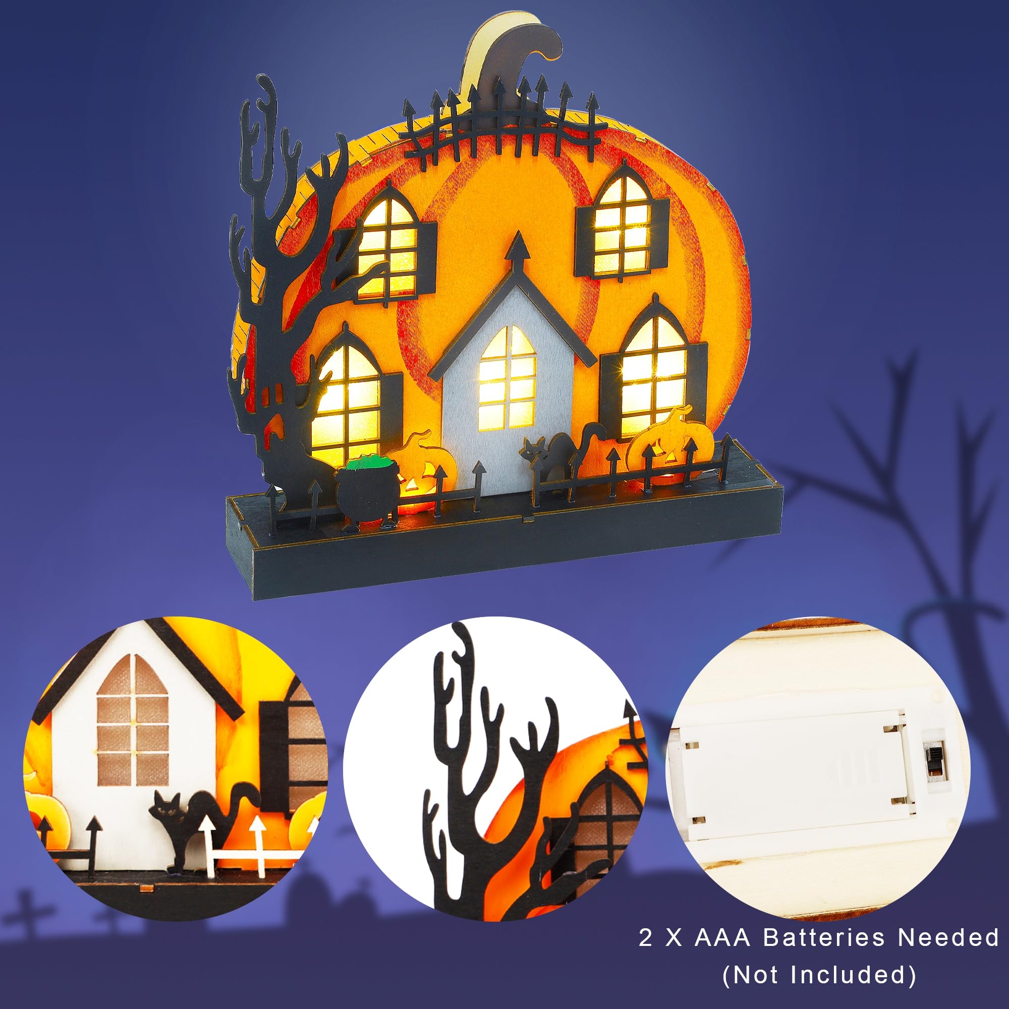 Lulu Home Light-Up Wooden Pumpkin House 🎃 Halloween Tabletop Décor with Ghosts, Cat & Witch Pot