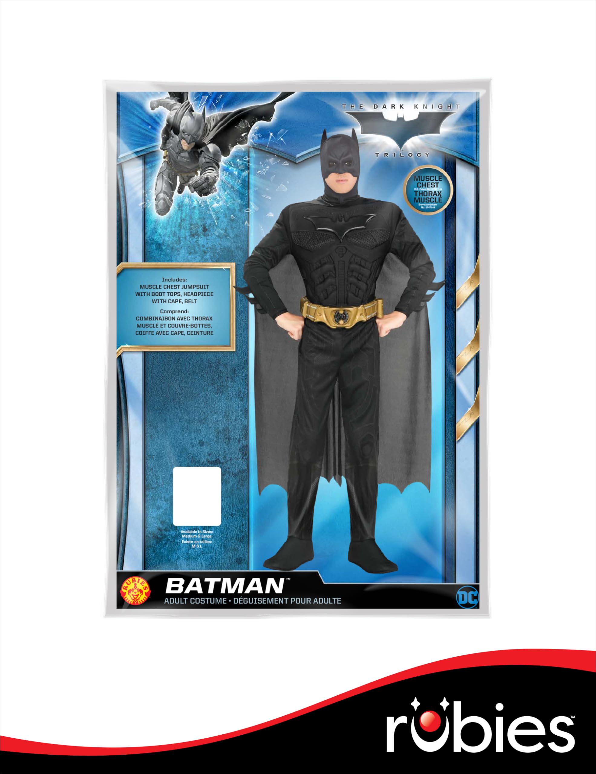Batman: The Dark Knight Adult Costume – Deluxe Muscle Chest Jumpsuit with Cape & Belt (Men’s Large)