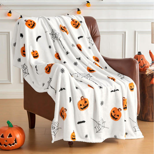 Halloween White Blanket – Soft Cozy Premium Throw with Festive Prints for Couch, Bed & Home Décor