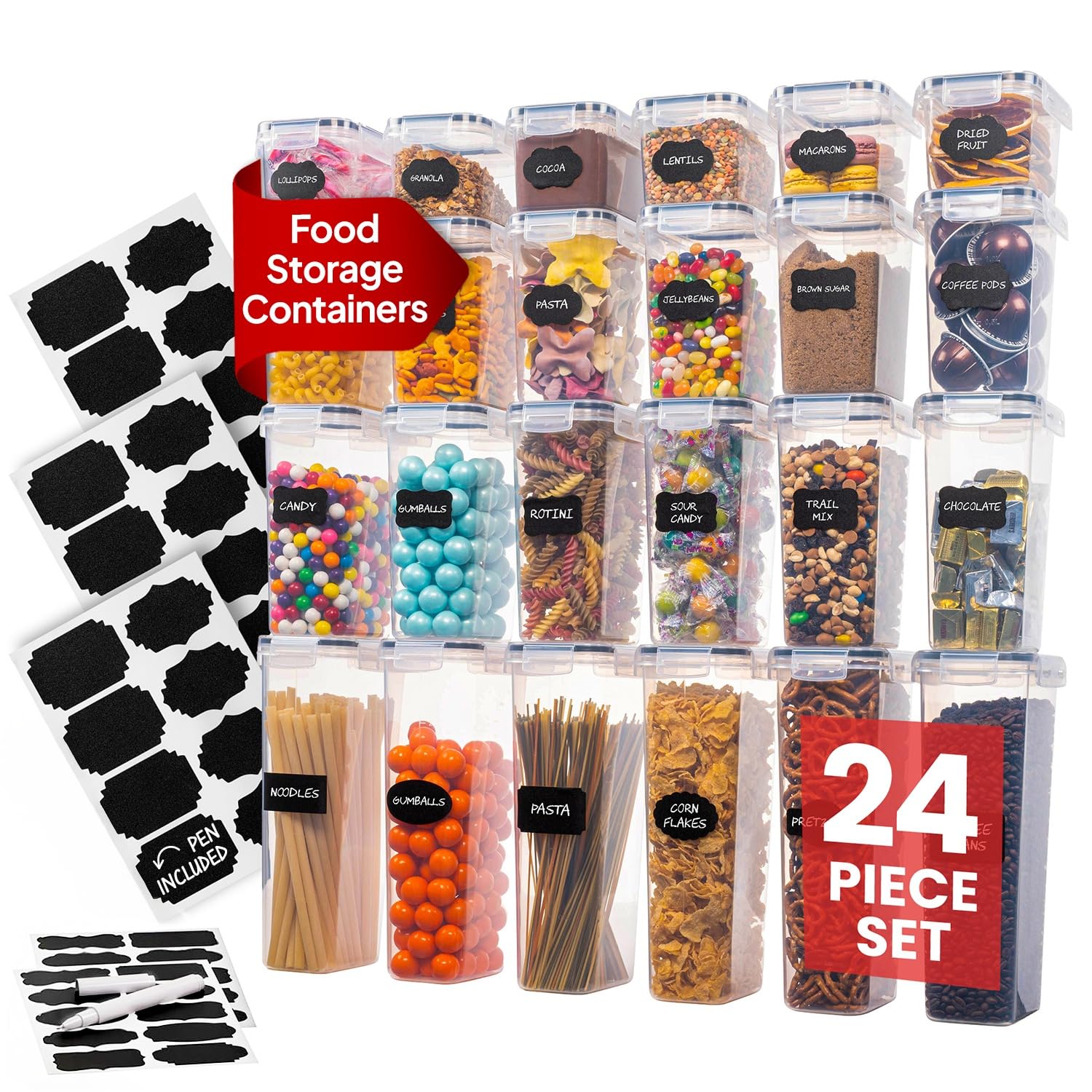 Airtight Food Storage Containers – 24 Pack Clear Pantry Canisters with Locking Lids & Labels