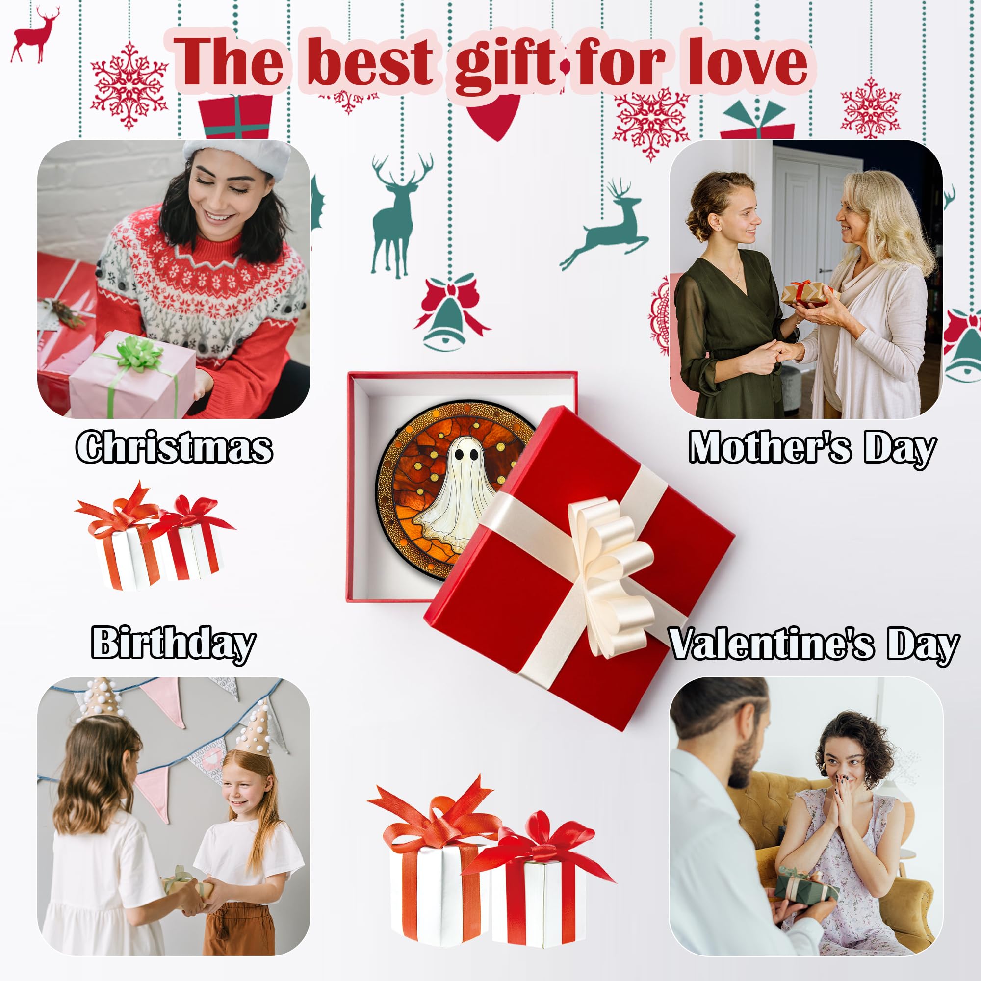 Halloween Stained Glass Window Hanging 🎃 – White Ghost Suncatcher with Pumpkins & Bats