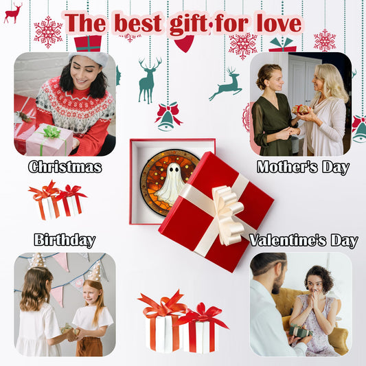 Halloween Stained Glass Window Hanging 🎃 – White Ghost Suncatcher with Pumpkins & Bats