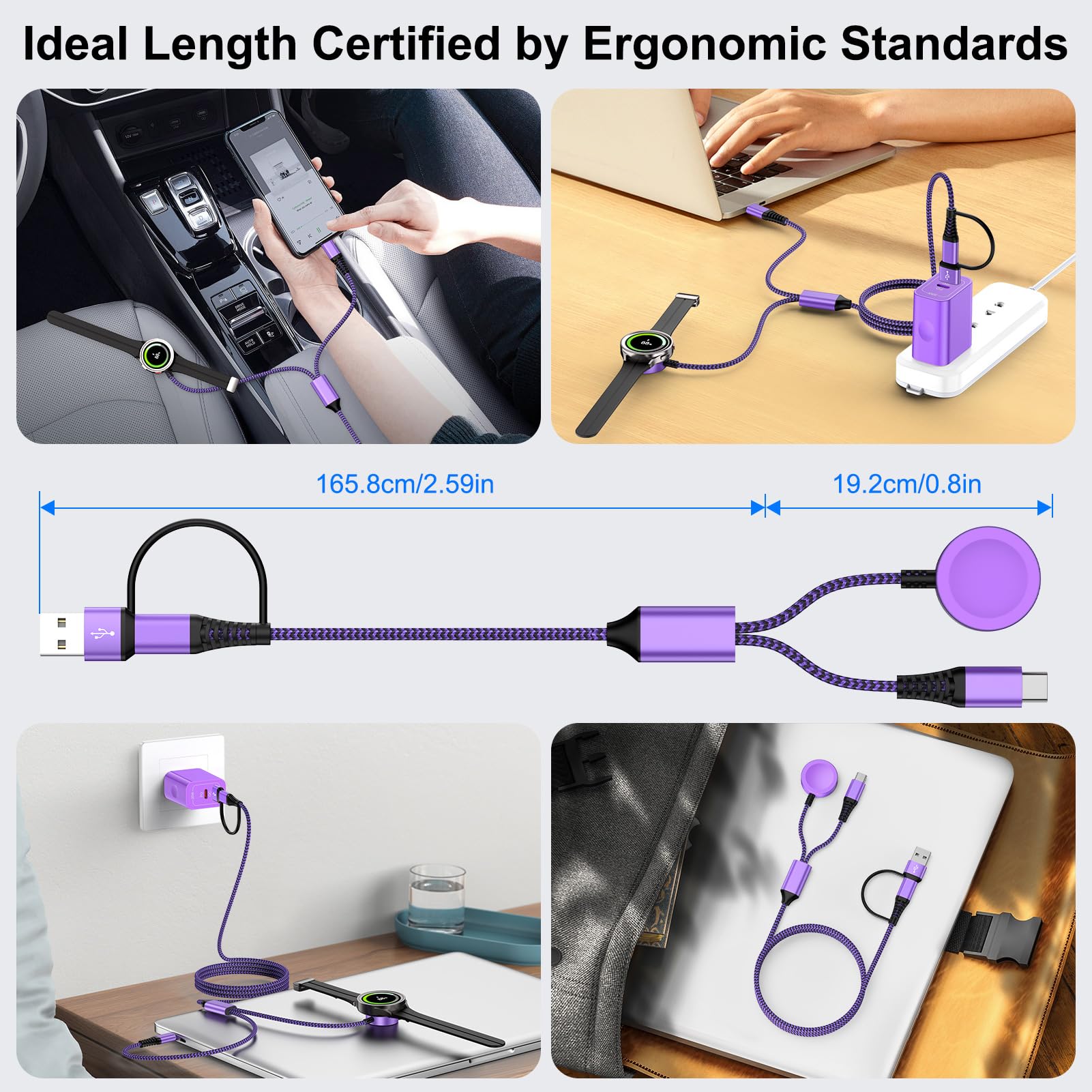 2-in-2 Multi Charging Cable for Samsung Galaxy Watch & Phones – USB-A/USB-C to Watch Magnetic + USB-C Phone Charger (6ft, Purple)
