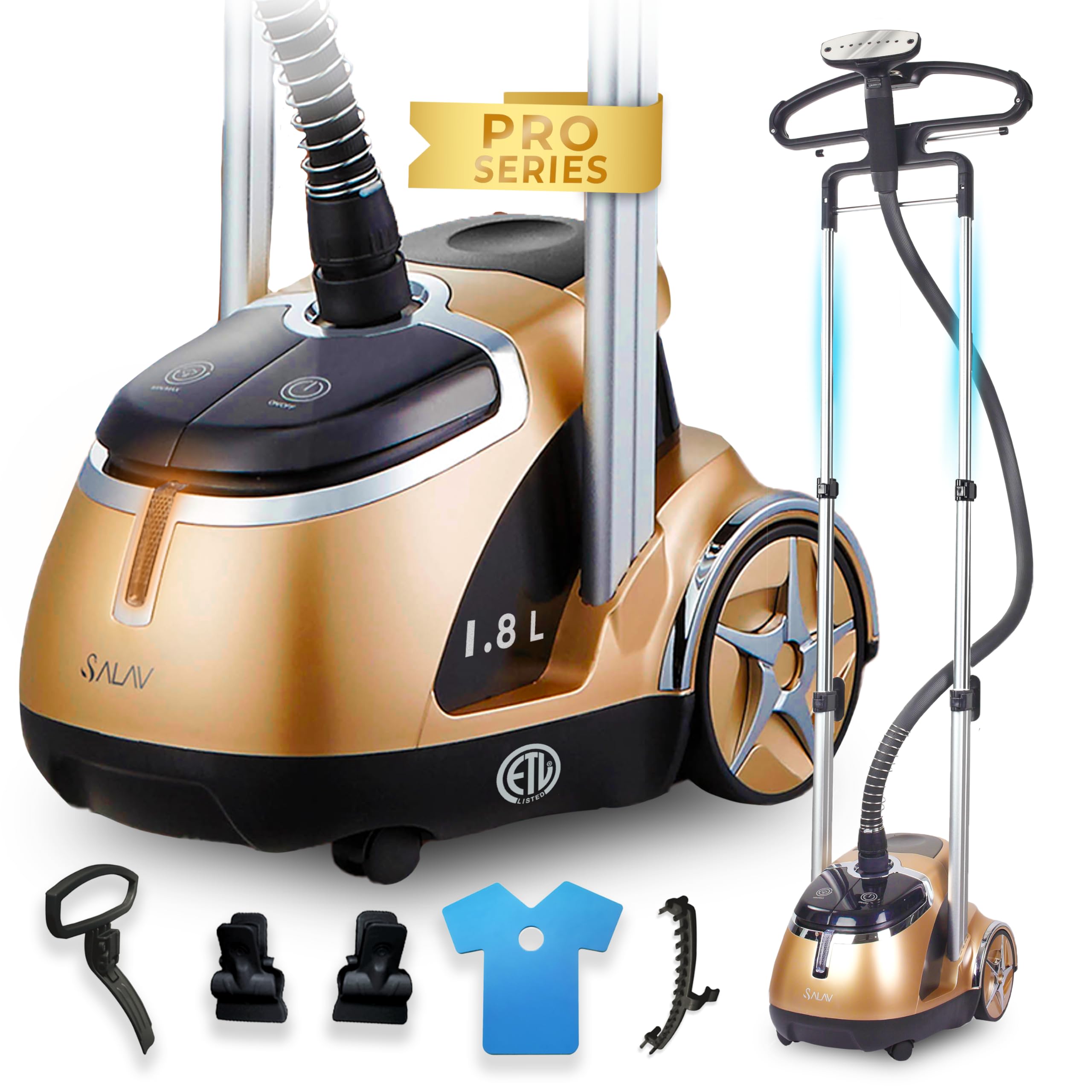 Professional Standing Garment Steamer 1500W with 1.8L Tank, Dual Bar Support and Rolling Wheels System