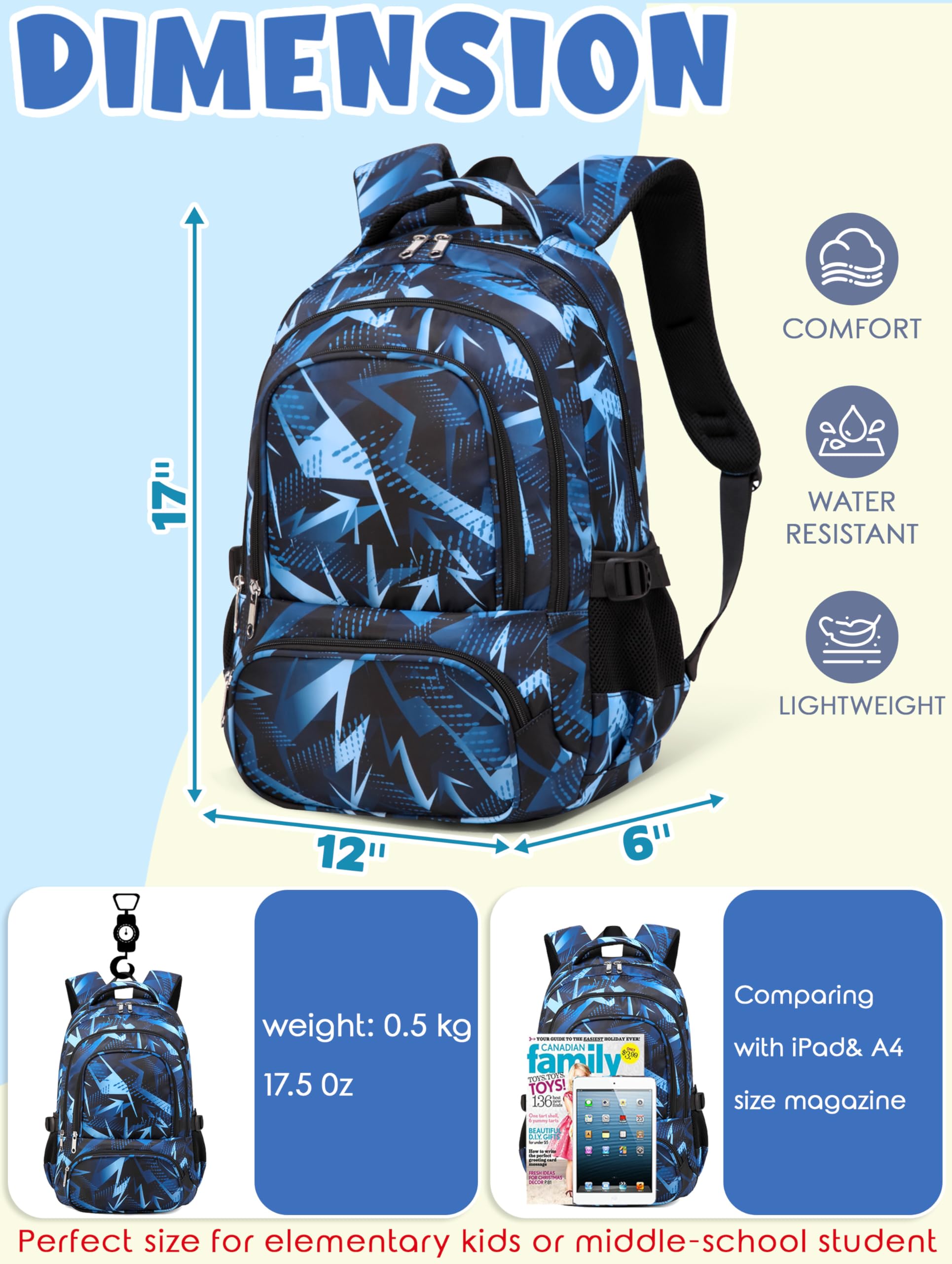 Bluefairy Kids School Backpack with Laptop Compartment, Ergonomic S-Straps, Lightweight Bookbag for Ages 6–12