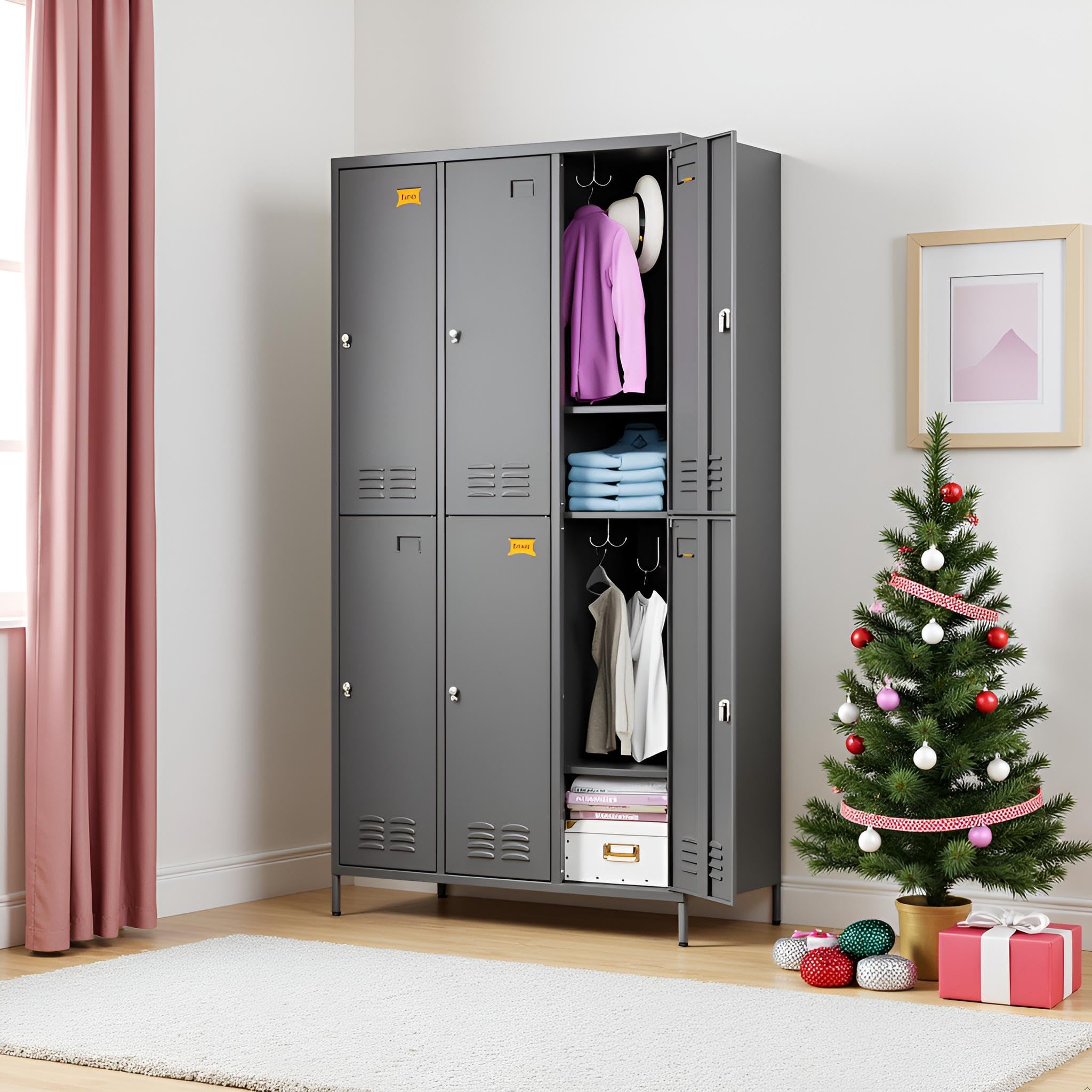 6-Door Metal Storage Locker – Heavy-Duty Employee Locker Cabinet with Hooks & Ventilation for Office, Gym & Home