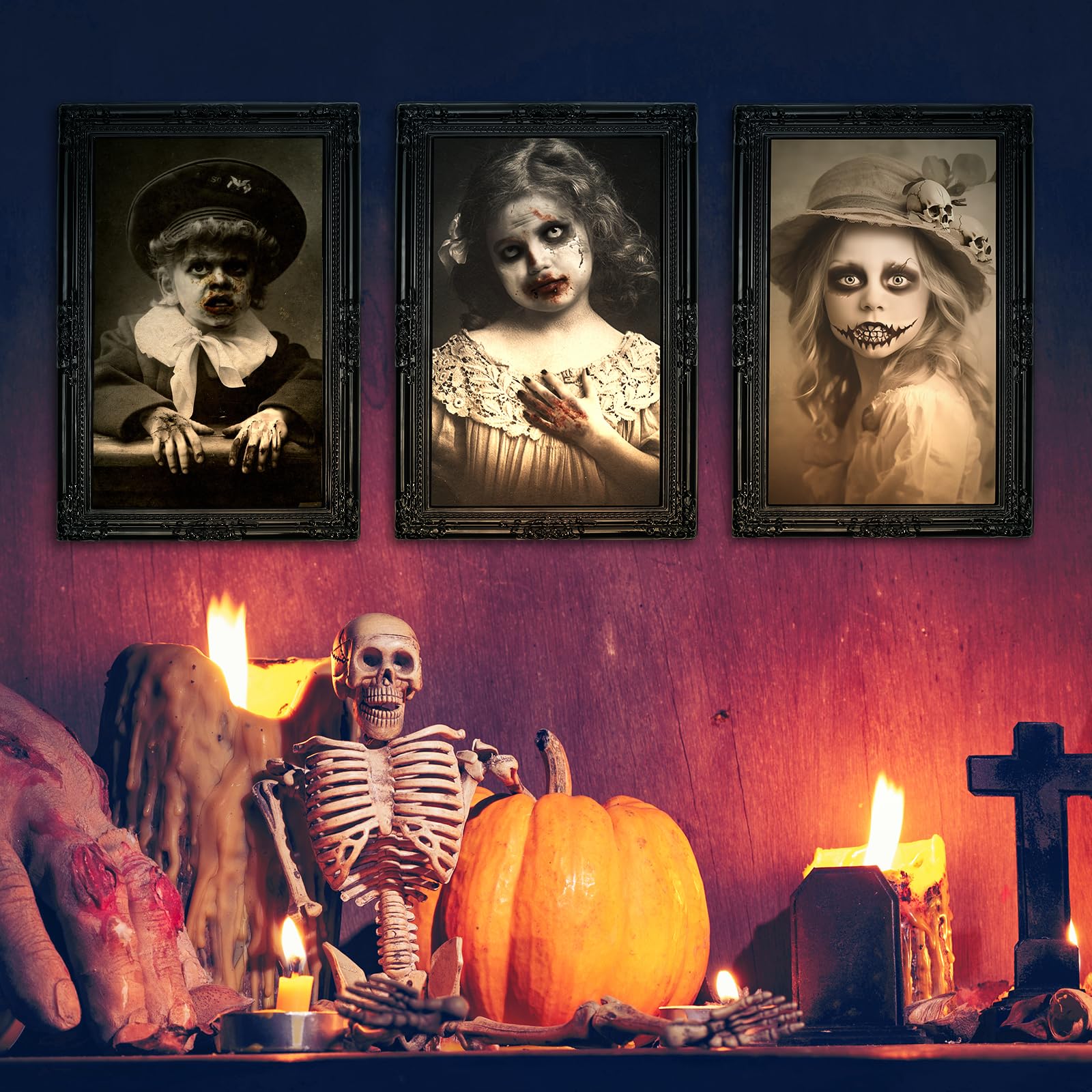 3D Lenticular Haunted Portrait Set 👻 – 3-Pack Changing Face Halloween Wall Frames (Style A, Black PVC)