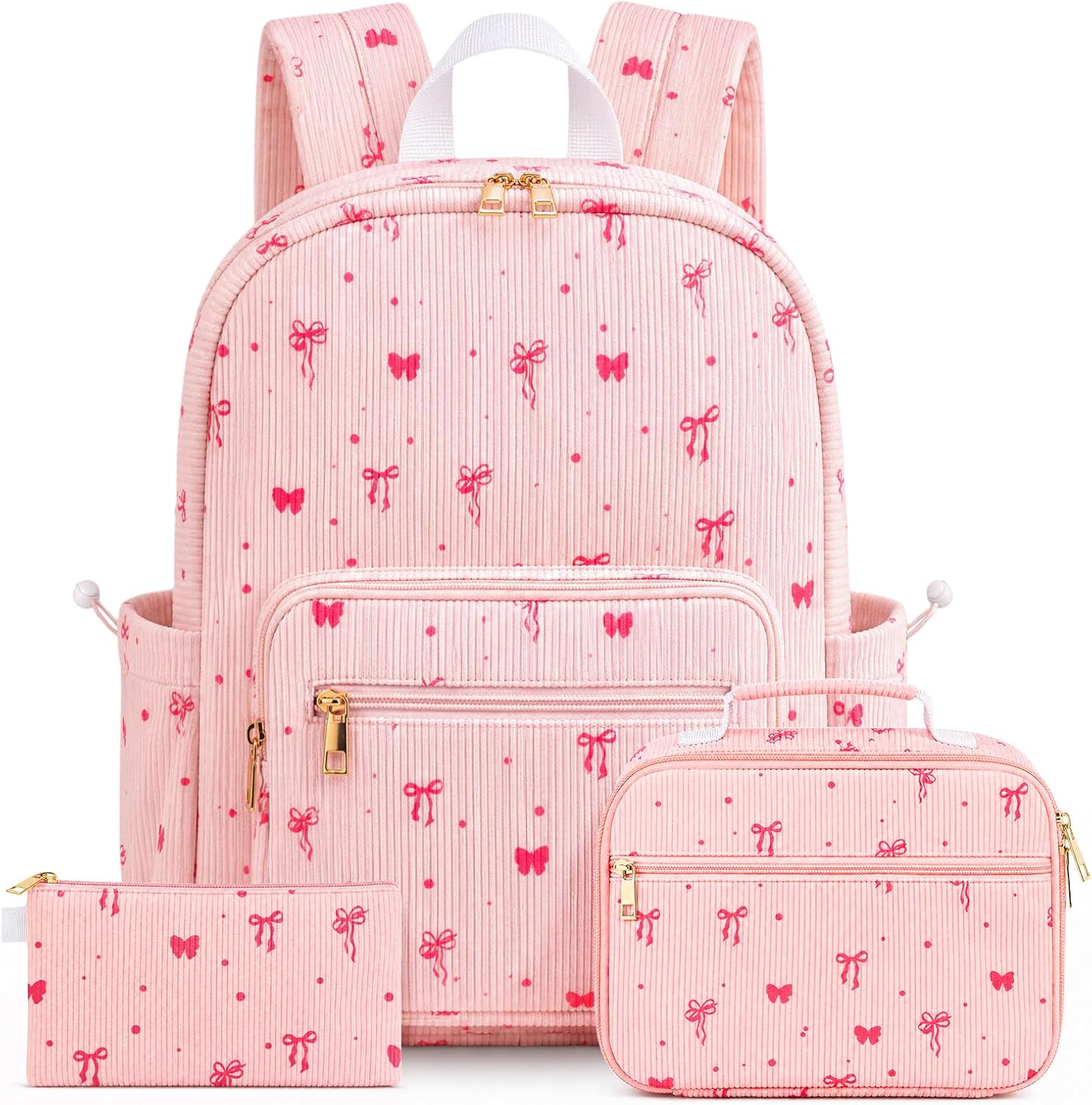 Pink Bow Corduroy Backpack Set with Lunch Bag
