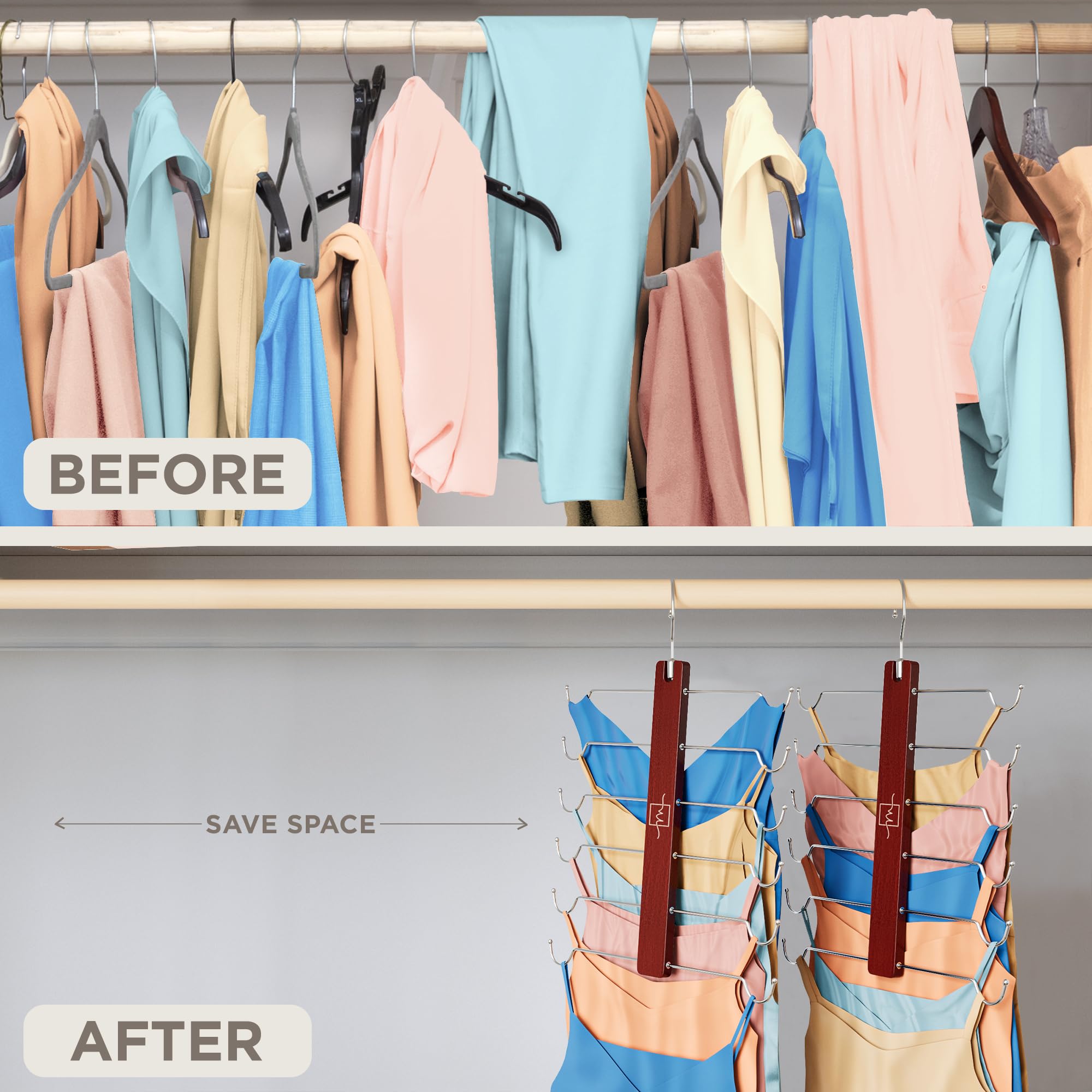 MORALVE Beechwood Tank Top & Bra Hangers 2-Pack – 6-Tier Space-Saving Closet Organizer with 360° Swivel Hook (Mahogany)