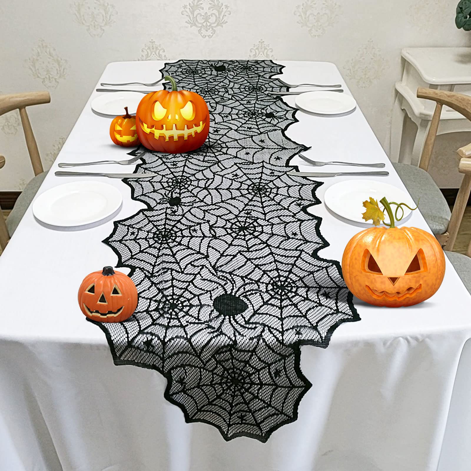 Halloween Spider Web Table Runner – 18x72 Inch Black Lace Tablecloth for Halloween Party Decorations (Reusable Cobweb Design)