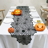 Halloween Spider Web Table Runner – 18x72 Inch Black Lace Tablecloth for Halloween Party Decorations (Reusable Cobweb Design)