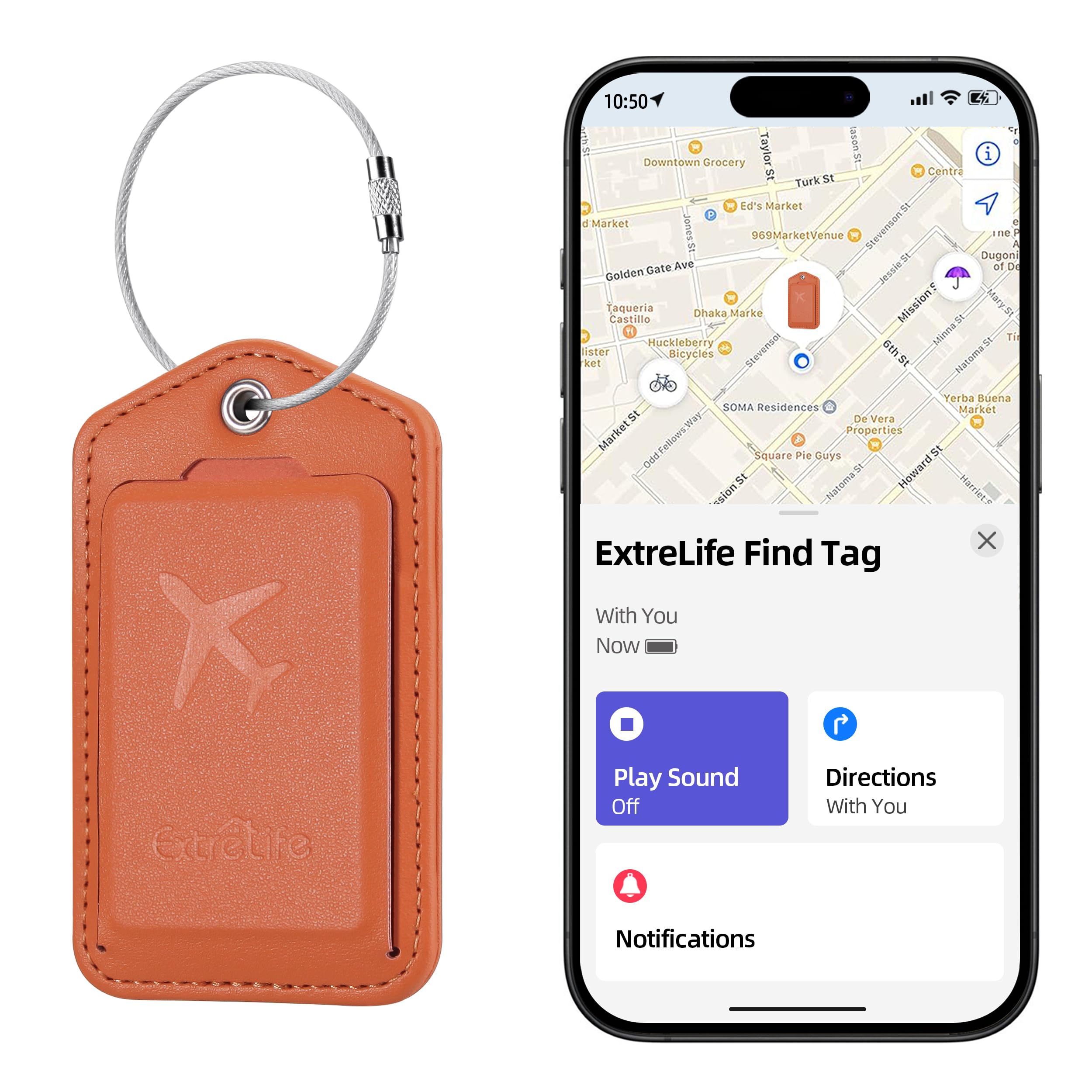 Smart Luggage Tag with Apple Find My – Rechargeable Leather Suitcase Tag with Privacy Flap (Orange)