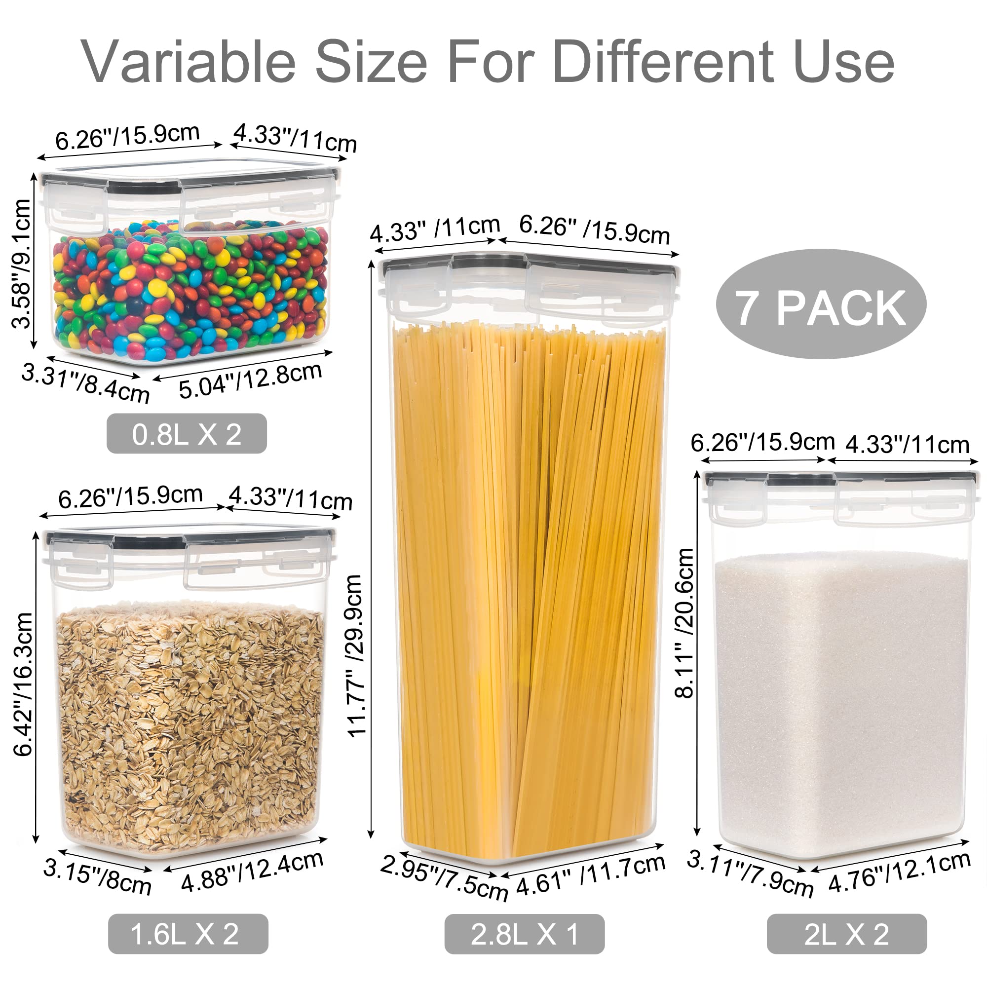 Airtight Food Storage Containers Set – 7-Piece Stackable Pantry Organizers (Clear & Black)