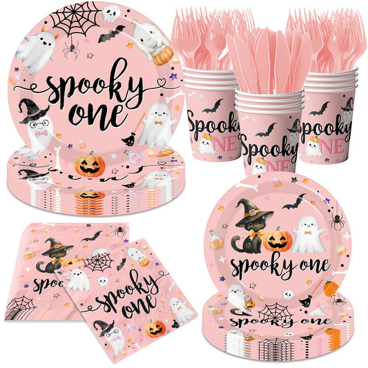 Halloween “Spooky One” 1st Birthday Party Tableware Set – Plates, Cups, Napkins, Cutlery (144 PCS)
